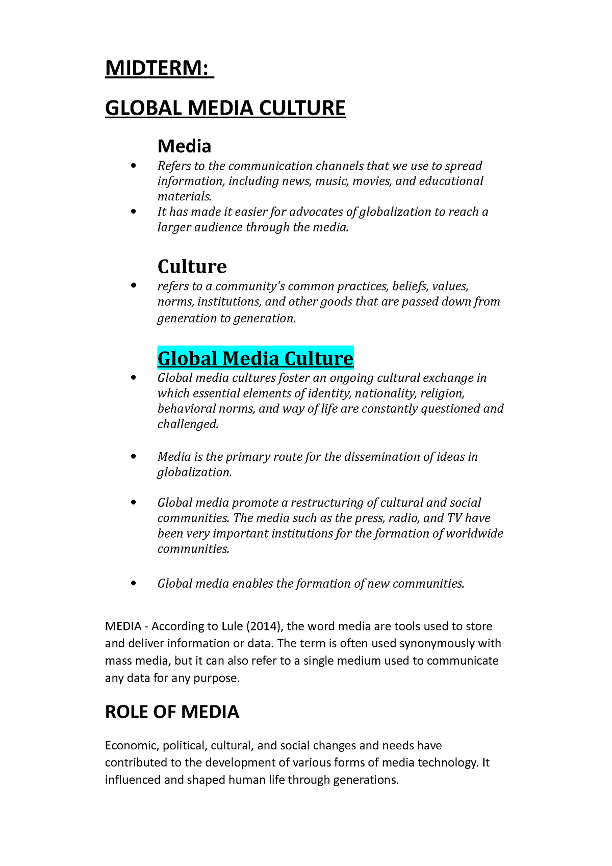 Global Media Culture - Gmc Notes - Midterm: Global Media Culture Media 