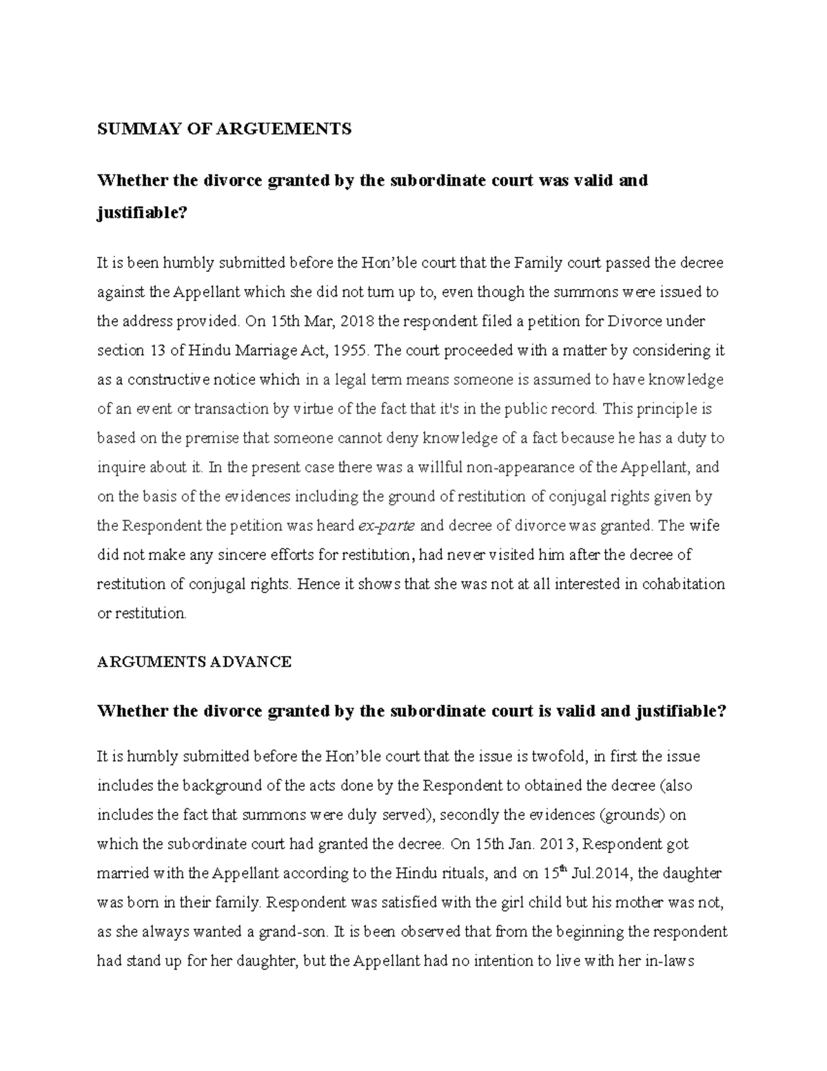 Divoce valid respondent SUMMAY OF ARGUEMENTS Whether the divorce granted by the subordinate