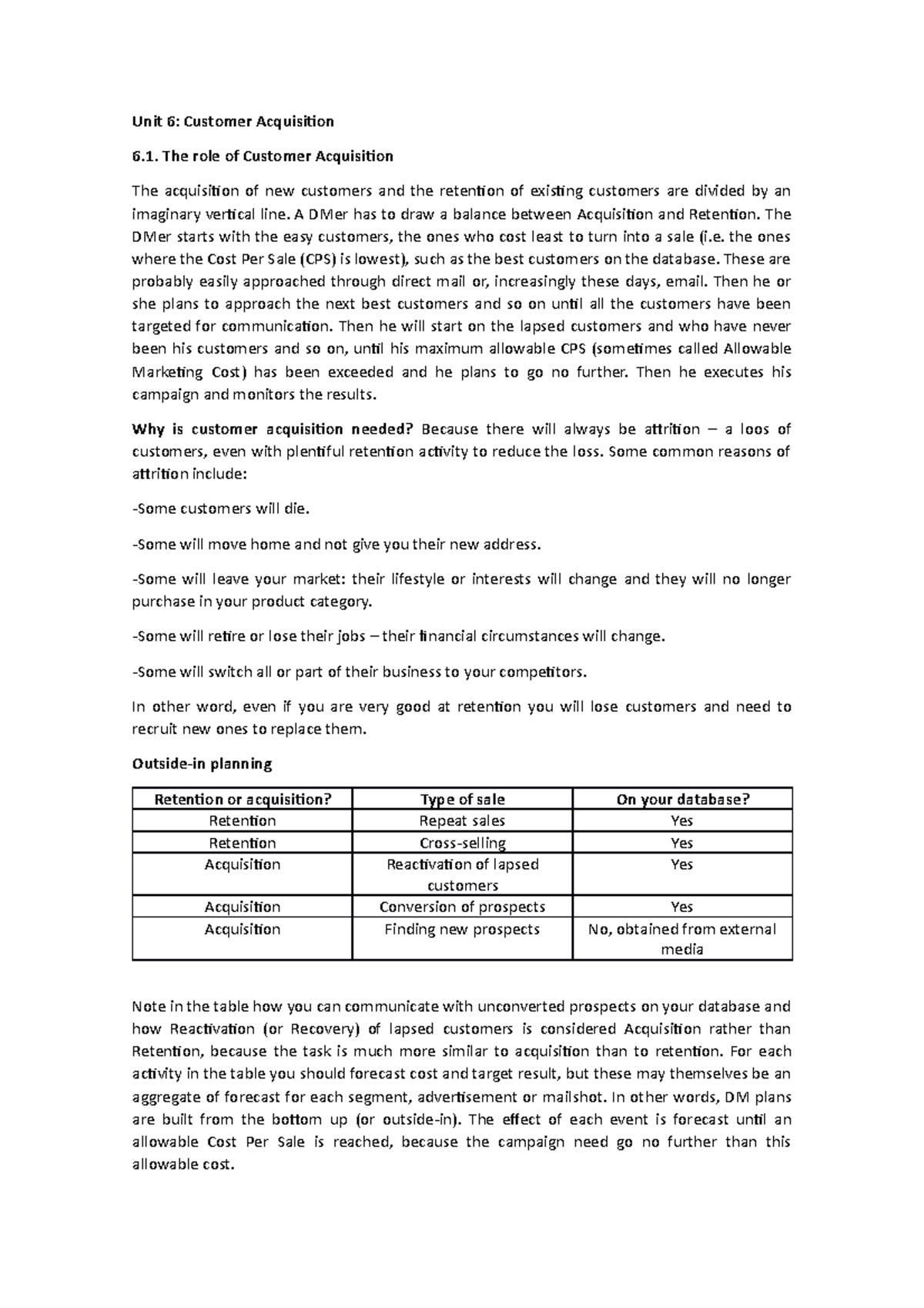 Unit 6 summary -Customer Acquisition - Unit 6: Customer Acquisition 6 ...