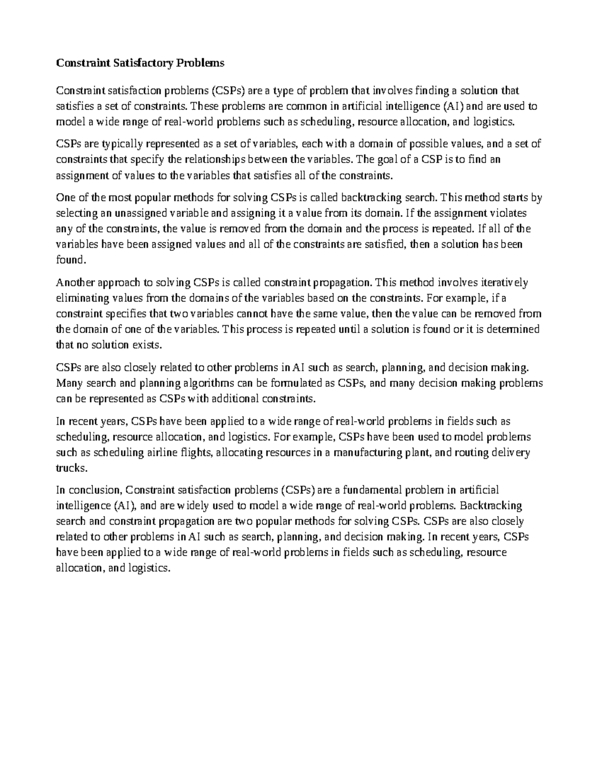CSPin AI - Essay about CSPs in AI - Constraint Satisfactory Problems ...