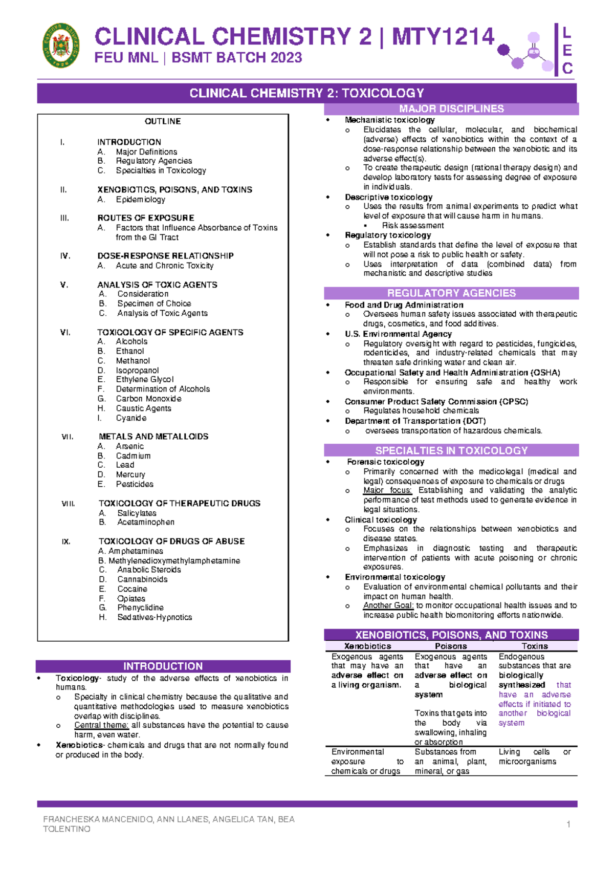 Clinical Chemistry 2 LEC W15 Toxicology - CLINICAL CHEMISTRY 2 | MTY12 ...
