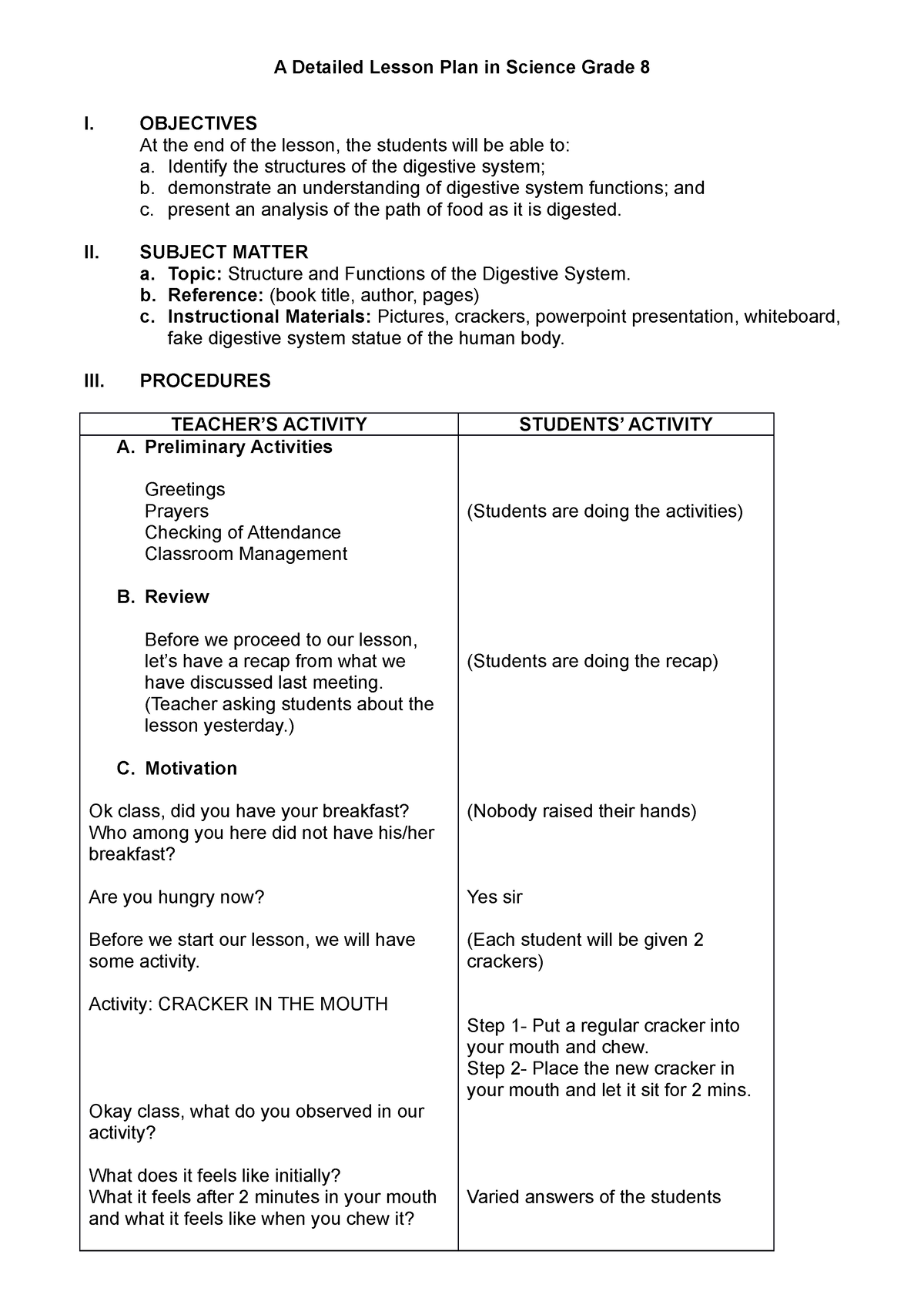 A Detailed Lesson Plan in Science Grade - OBJECTIVES At the end of the ...