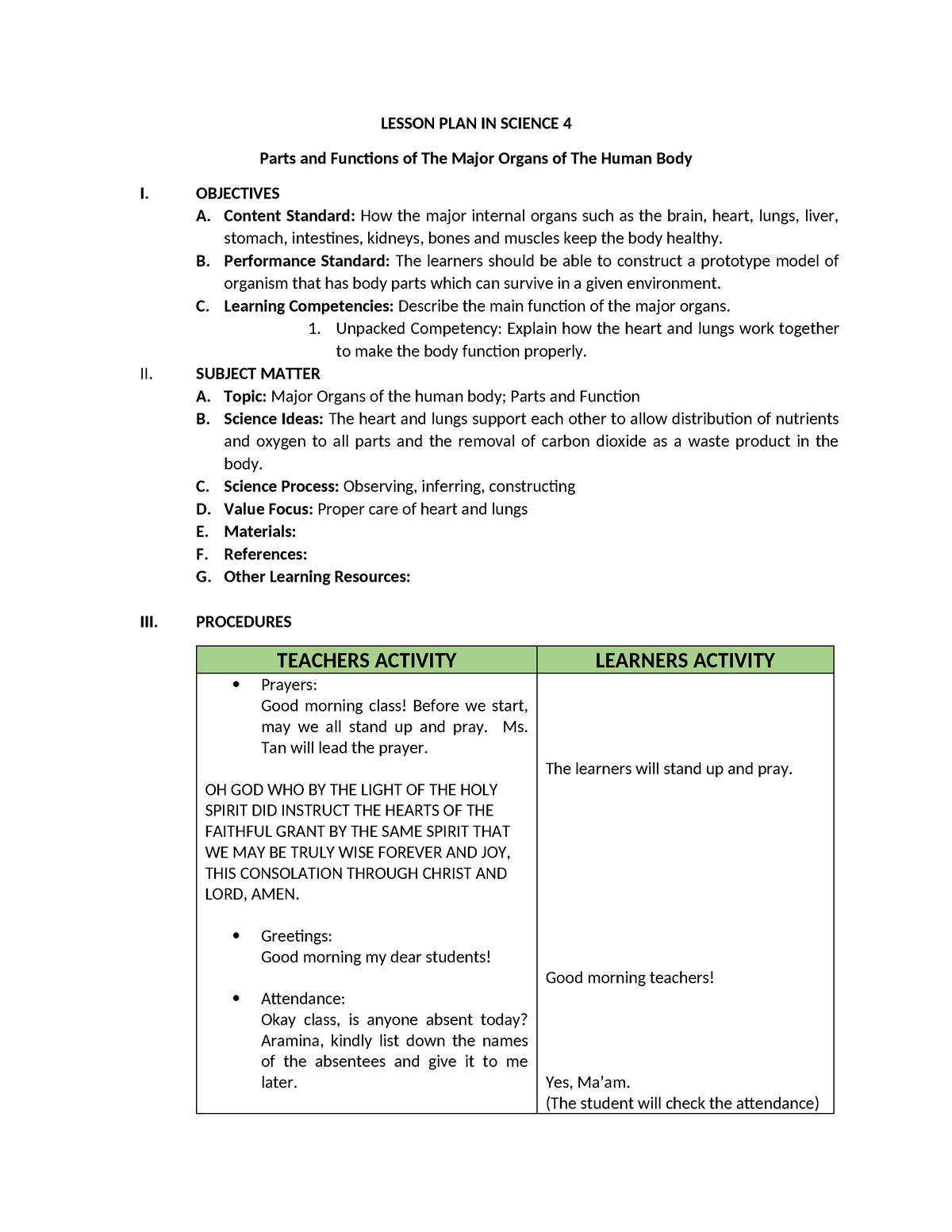 Lesson PLAN in science 1 - LESSON PLAN IN SCIENCE 4 Parts and Functions ...