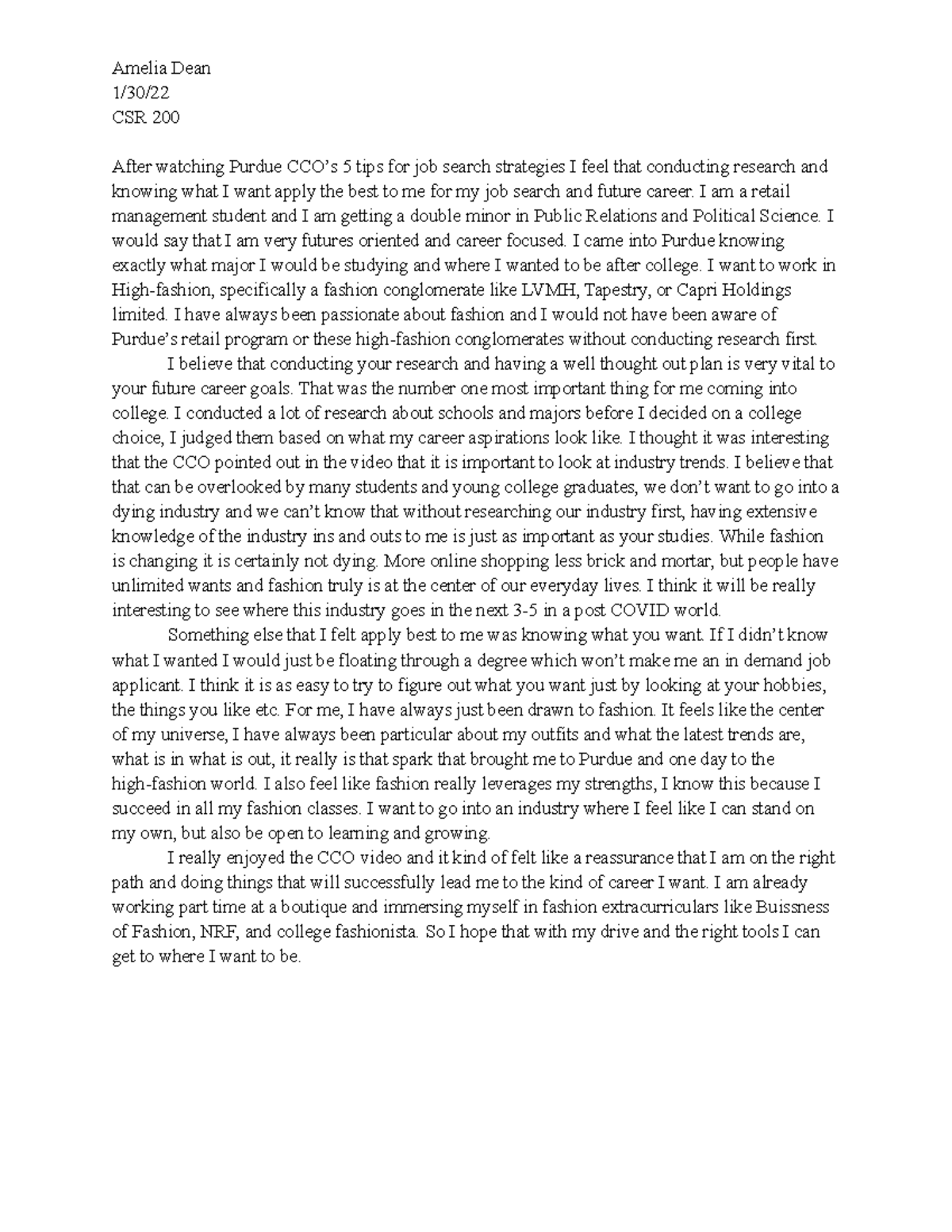 Reflection - essay - Amelia Dean 1/30/ CSR 200 After watching Purdue ...