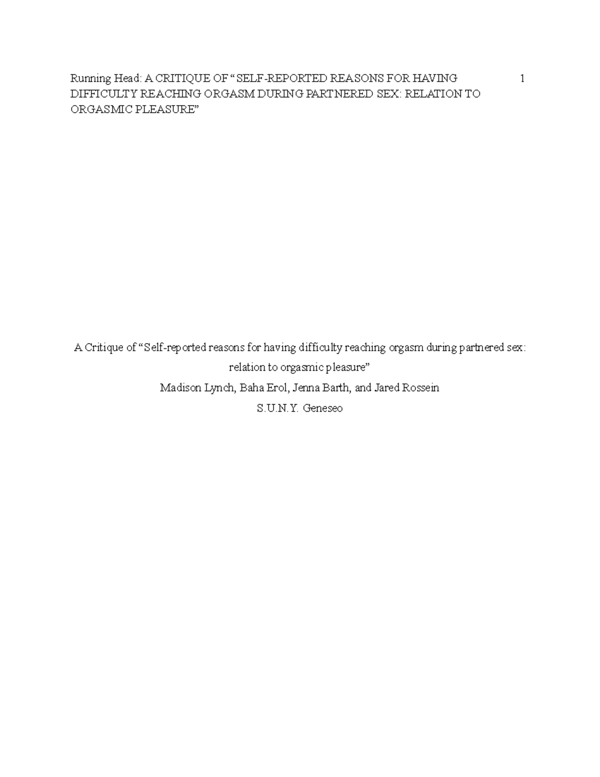 Female Orgasmic Disorder Paper - Running Head: A CRITIQUE OF “SELF ...