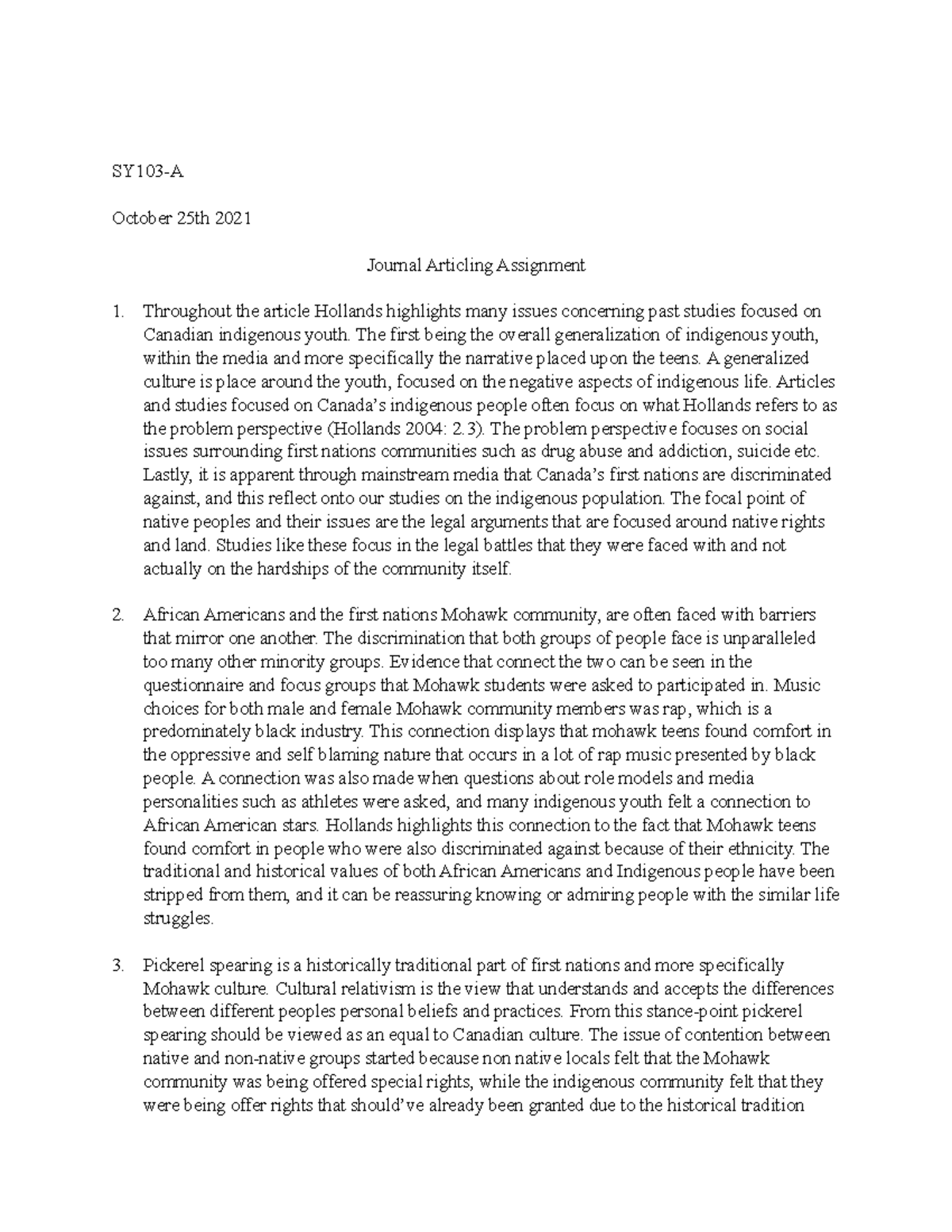 Journal articling assignment SY103A October 25th 2021 Journal