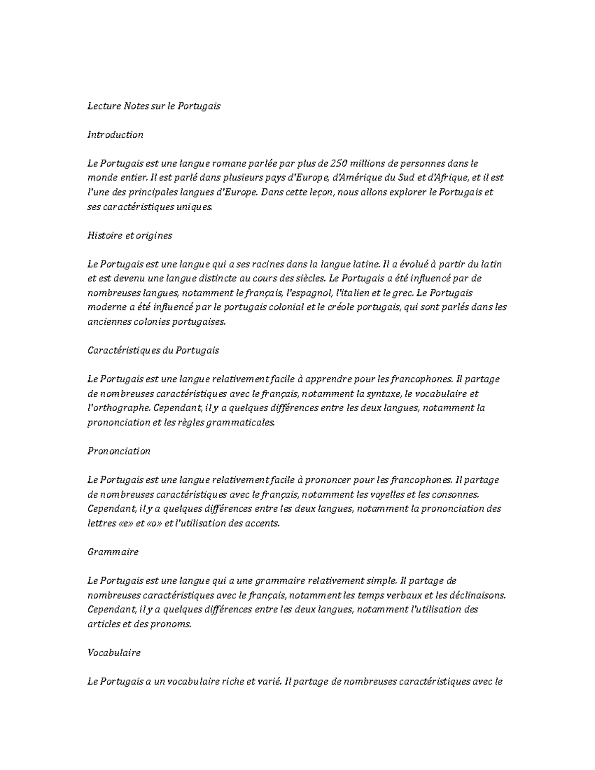 Portuguese Study Notes - Lecture Notes sur le Portugais Introduction Le ...