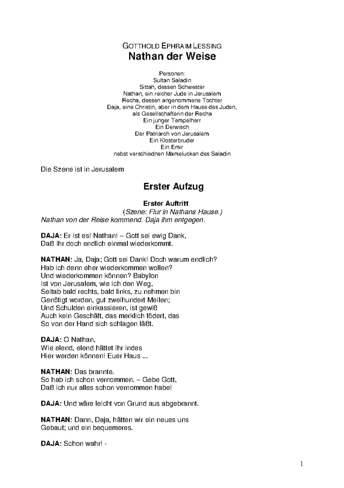 Nathan Der Weise Ringparabel 3 Aufzug 7 Auftritt Nathan der Weise - GOTTHOLD EPHRAIM LESSING Nathan der Weise Personen