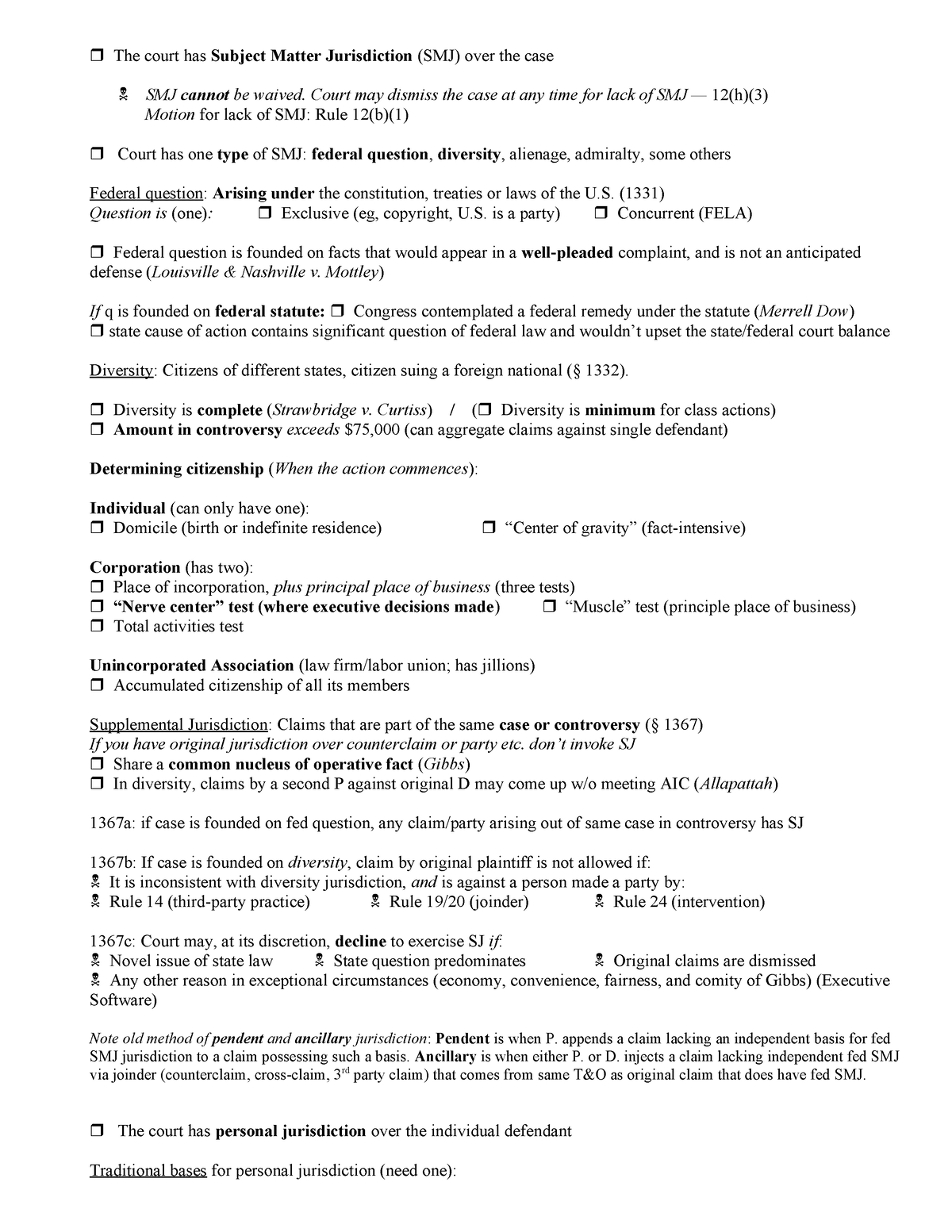 262790059 Checklist for Civil Procedure - The court has Subject Matter ...