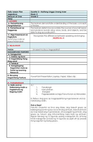 Lesson Plan Music Grade 5 - I. LAYUNIN A. Pamantayang Pangnilalaman ...