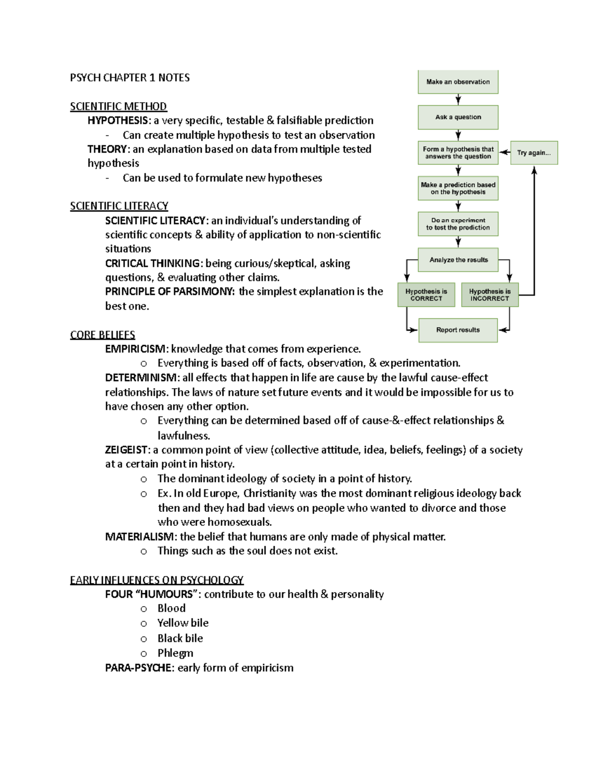 Psych Chapter 1 Notes - PSYCH CHAPTER 1 NOTES SCIENTIFIC METHOD ...