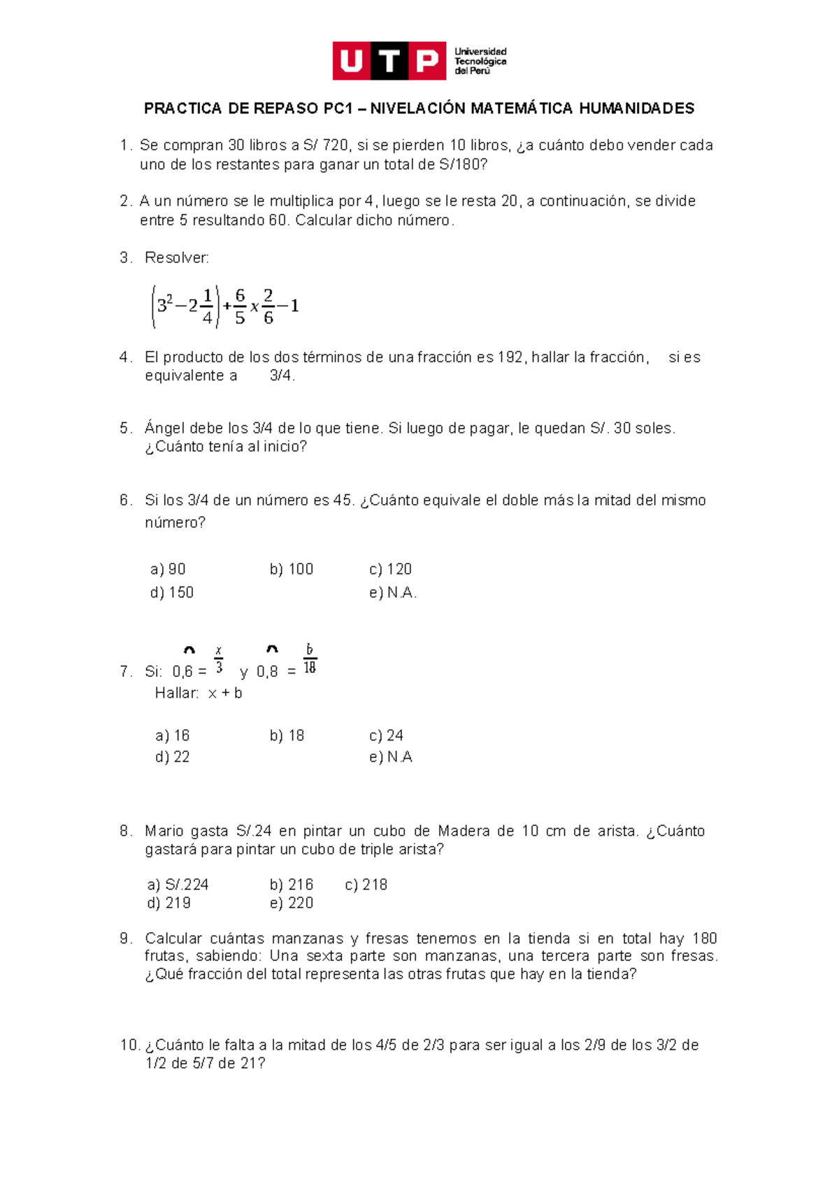 Practica De Matematica Repaso Pc1 Practica De Repaso Pc1 NivelaciÓn