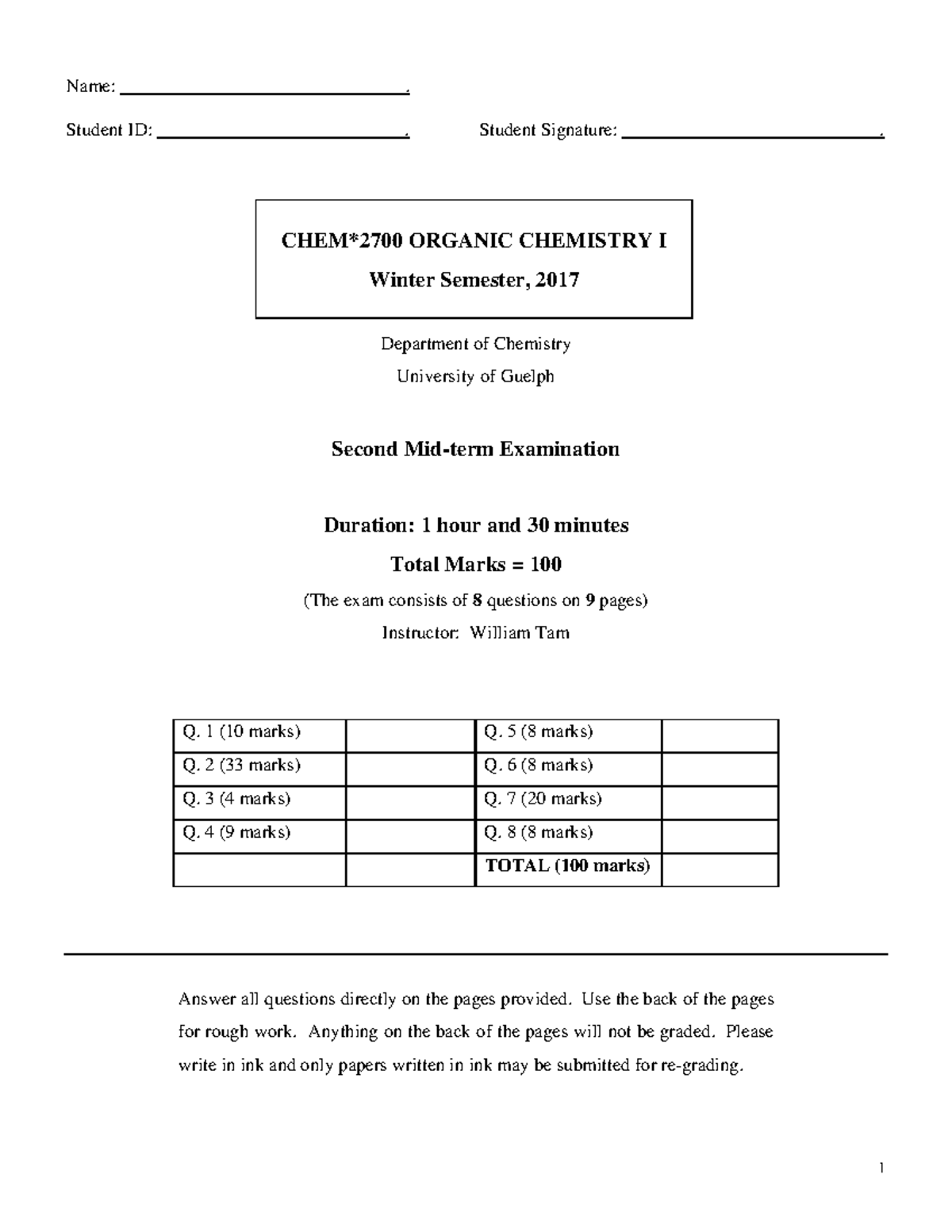 CHEM2700 Exam 2017 W 2nd Midterm PRACTICE - Name:. Student ID:. Student ...