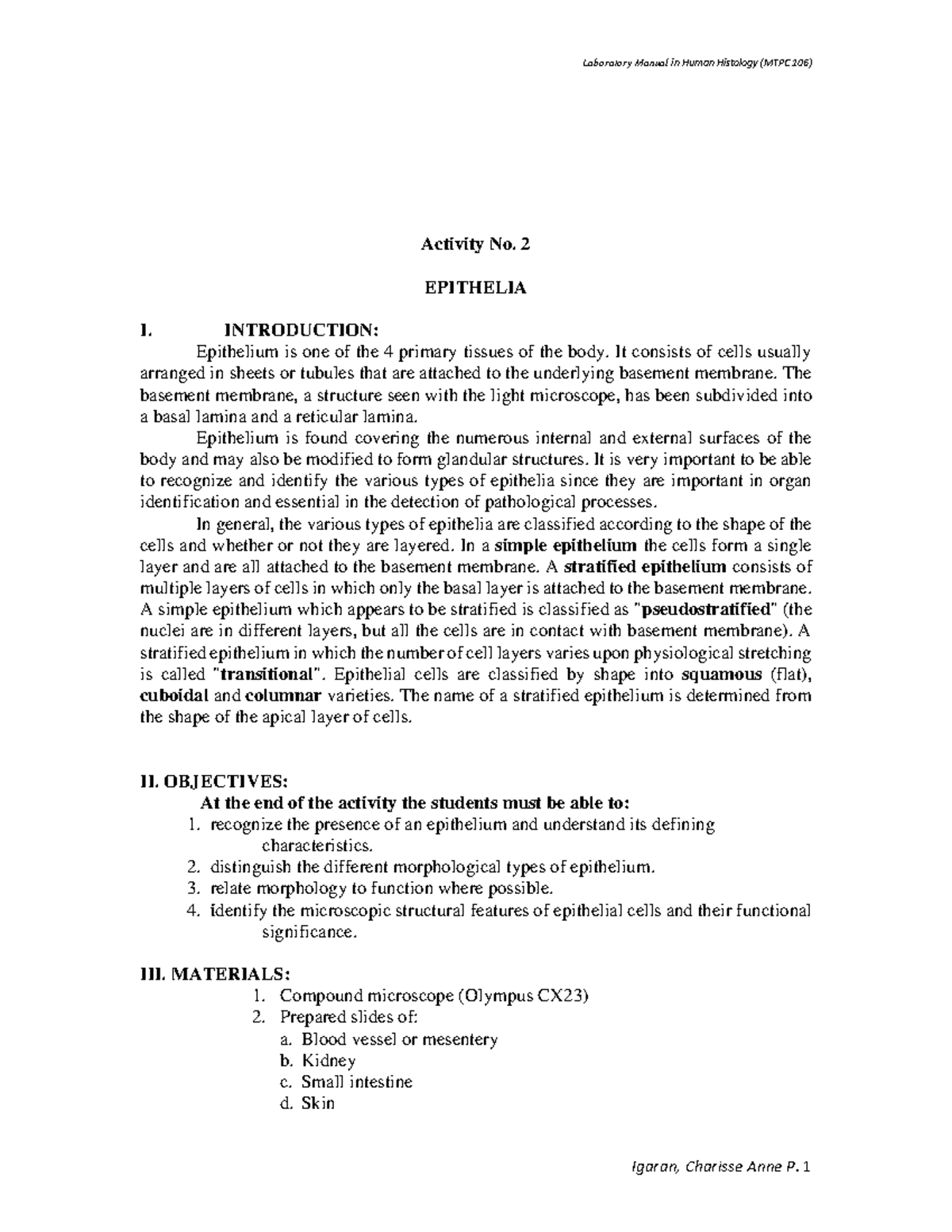 Activity+2+ Epithelia - Activity No. 2 EPITHELIA I. INTRODUCTION ...