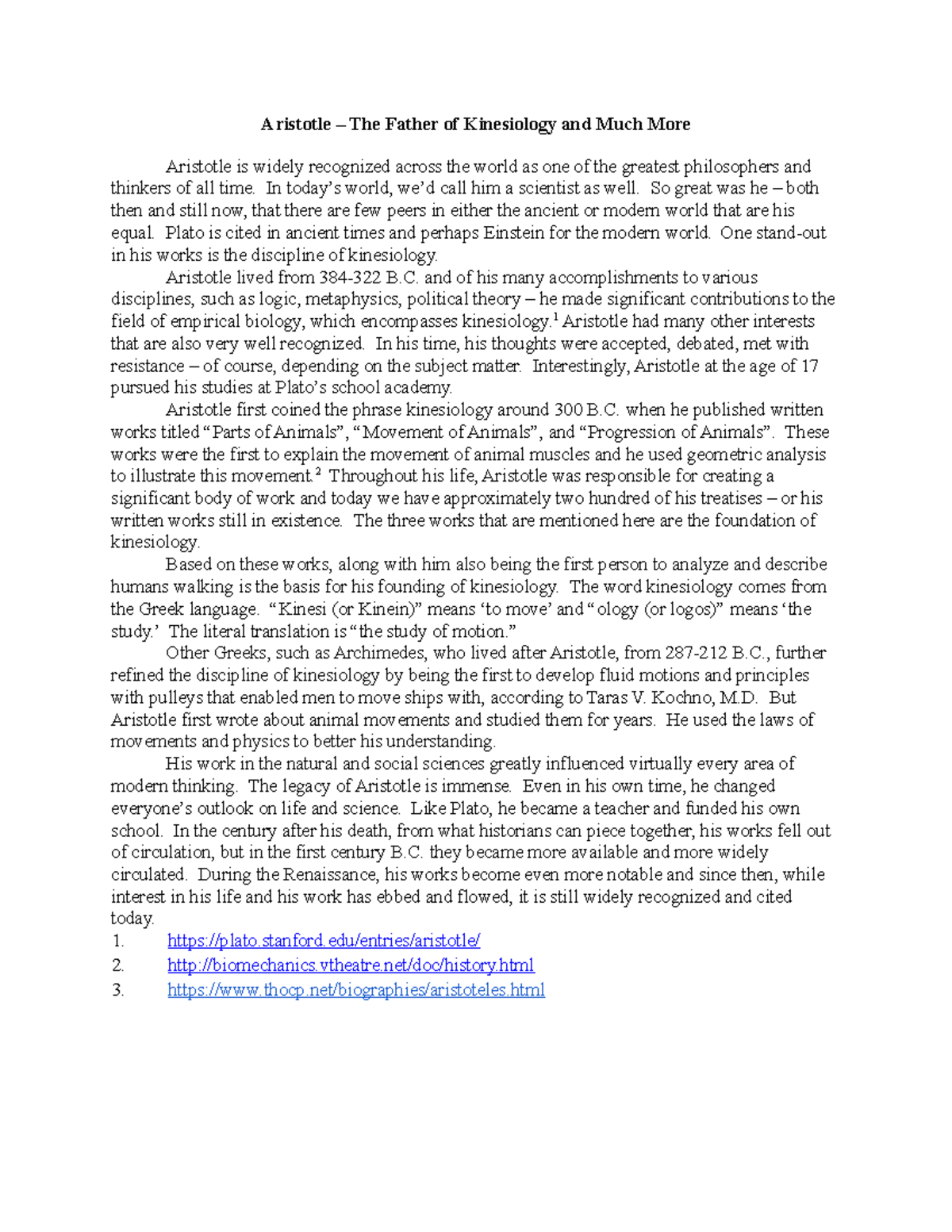 Final Paper in Chem 108 - Aristotle – The Father of Kinesiology and ...