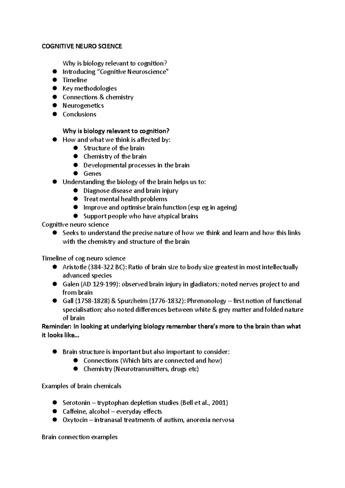 Cognitive neuroscience lecture notes - COGNITIVE NEURO SCIENCE Why is ...