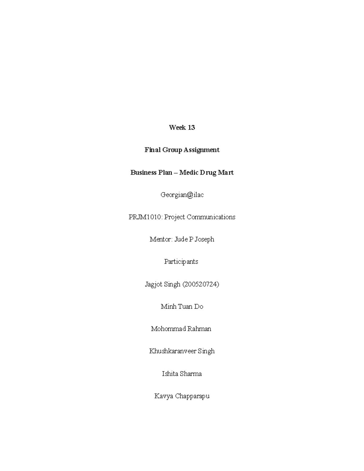 final assignment business plan - Week 13 Final Group Assignment ...