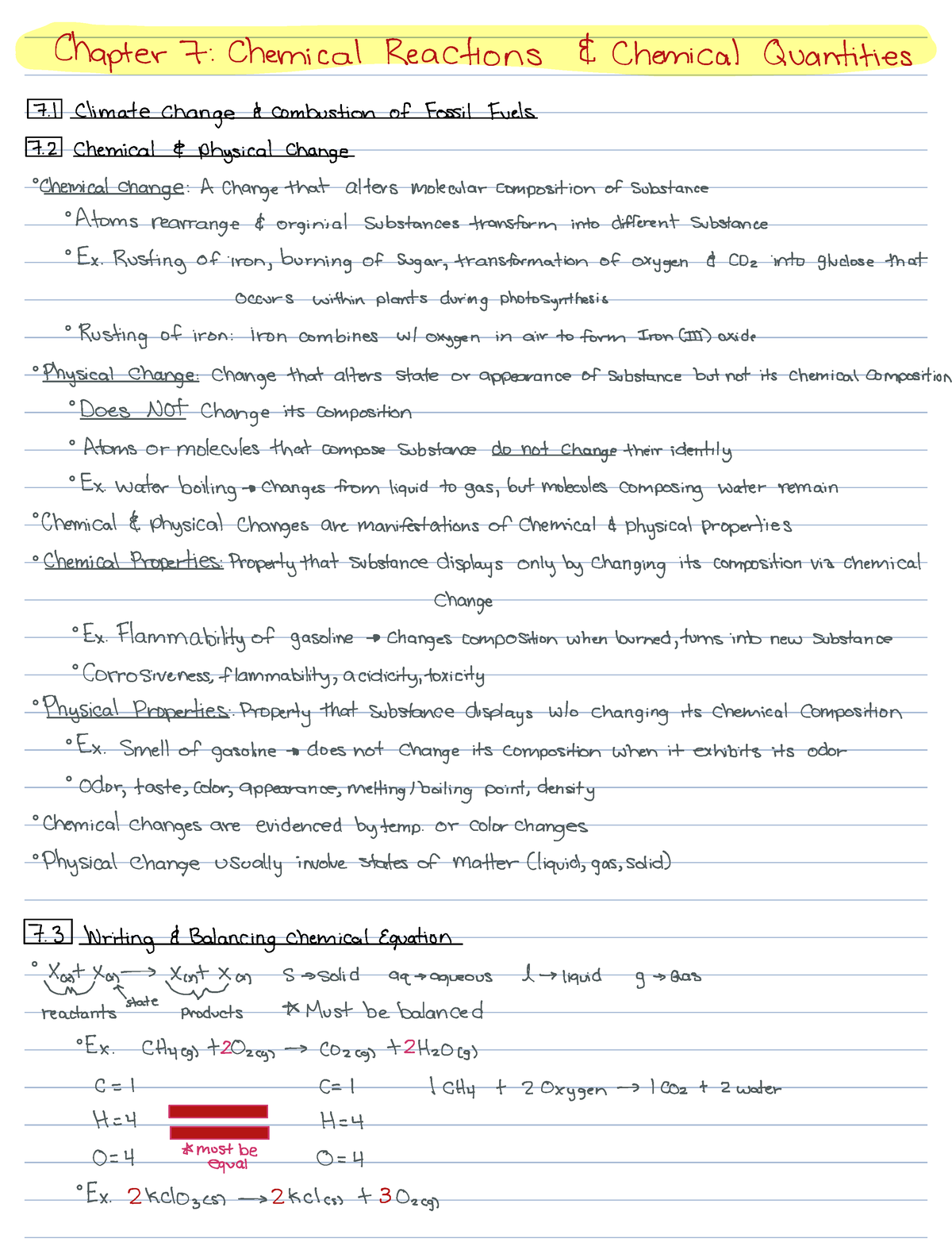 Chapter 7 Textbook Notes - Chapter 7 Chemical Reactions Chemical ...