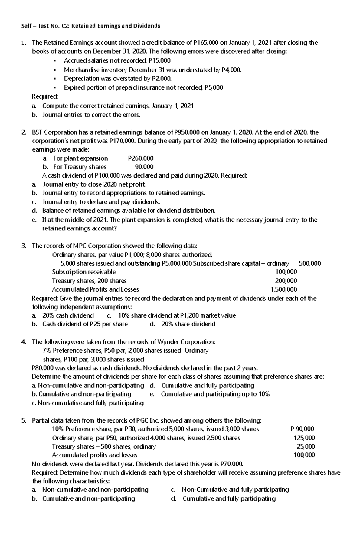 Self Test No. C2 Retained Earnings and Dividends - Self – Test No. C2 ...