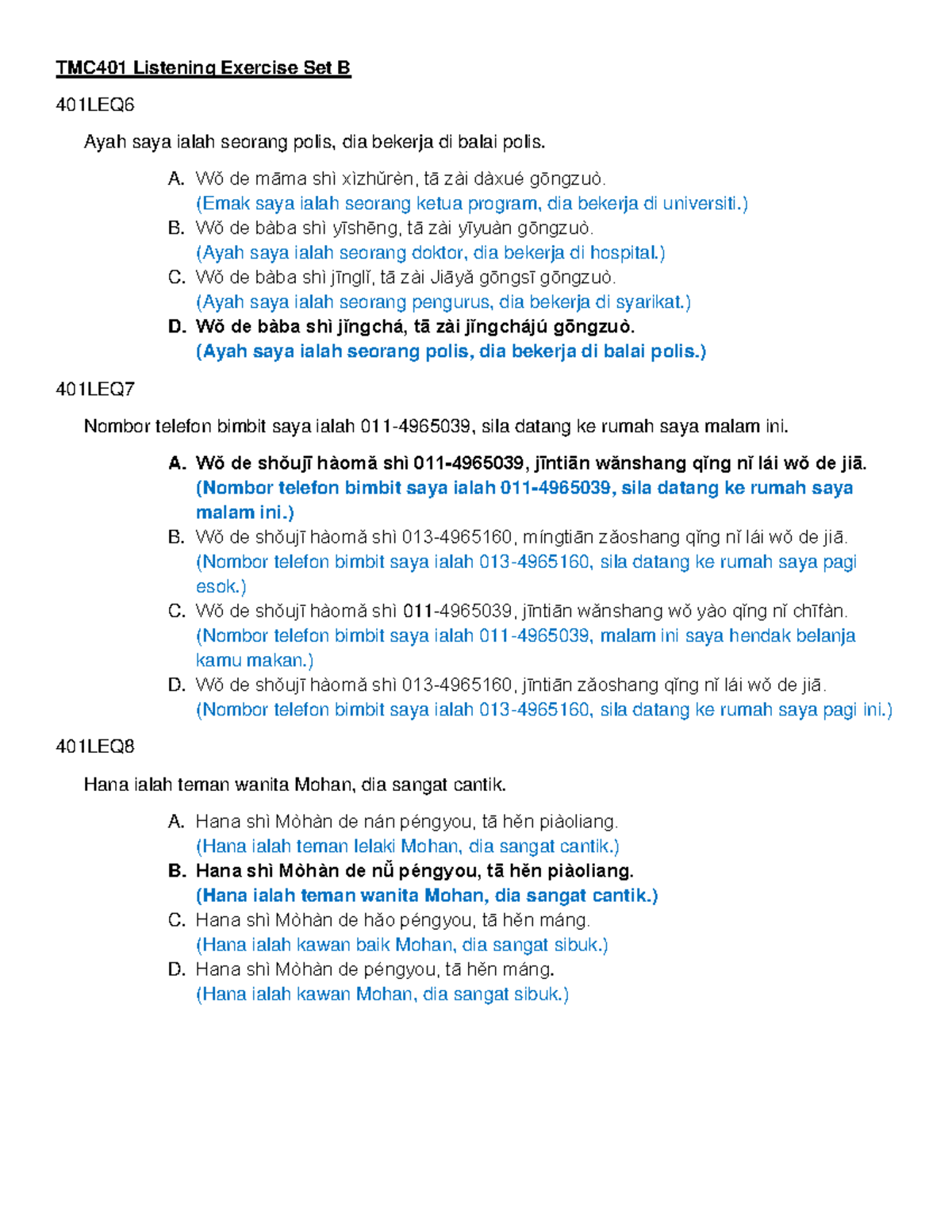 TMC401 Listening Exercise Set B Feedback - TMC401 Listening Exercise ...