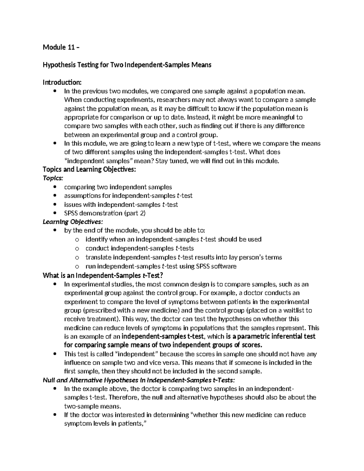 Module 11 - Module 11 – Hypothesis Testing for Two Independent-Samples ...