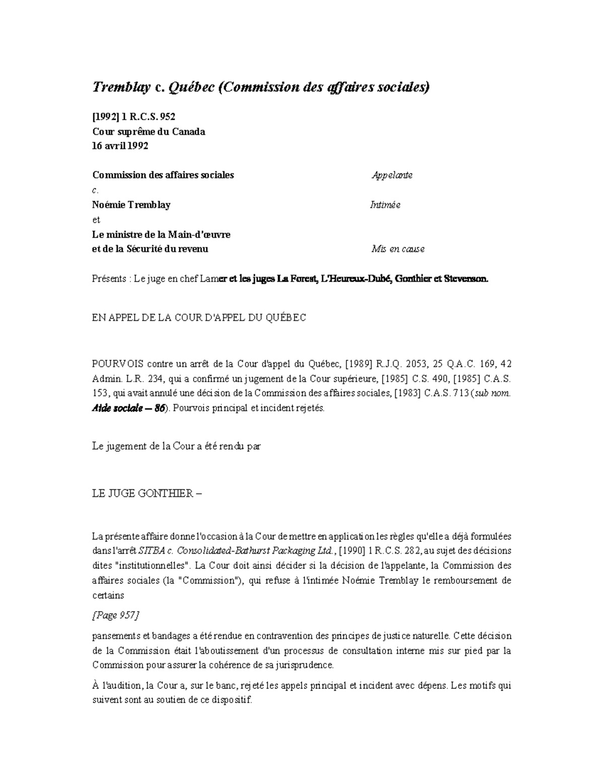 5 - Jurisprudence Tremblay c. Québec - Tremblay c. Québec (Commission ...