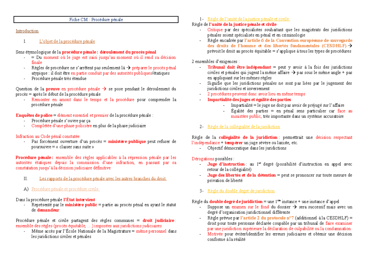 Fiche CM - L’objet De La Procédure Pénale Sens étymologique De La ...