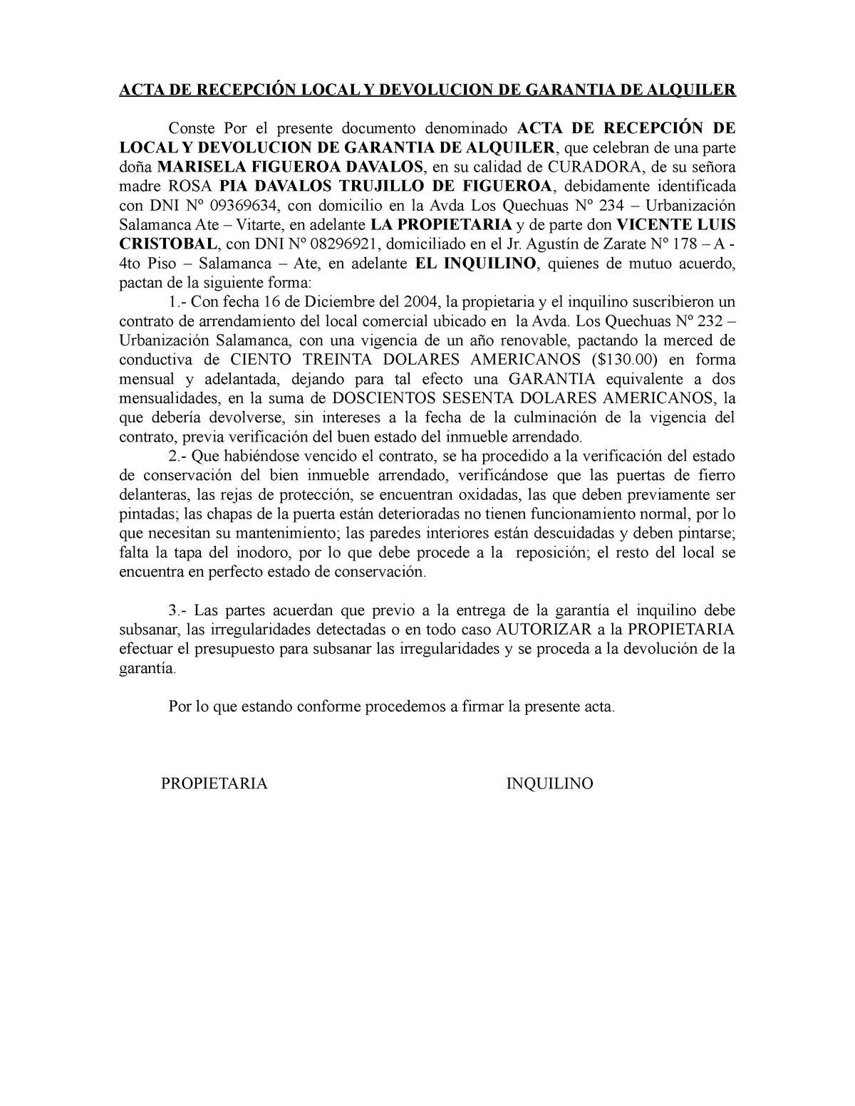 ACTA DE Recepción Local Y Devolucion DE Garantia DE Alquiler - ACTA DE  RECEPCIÓN LOCAL Y DEVOLUCION - Studocu