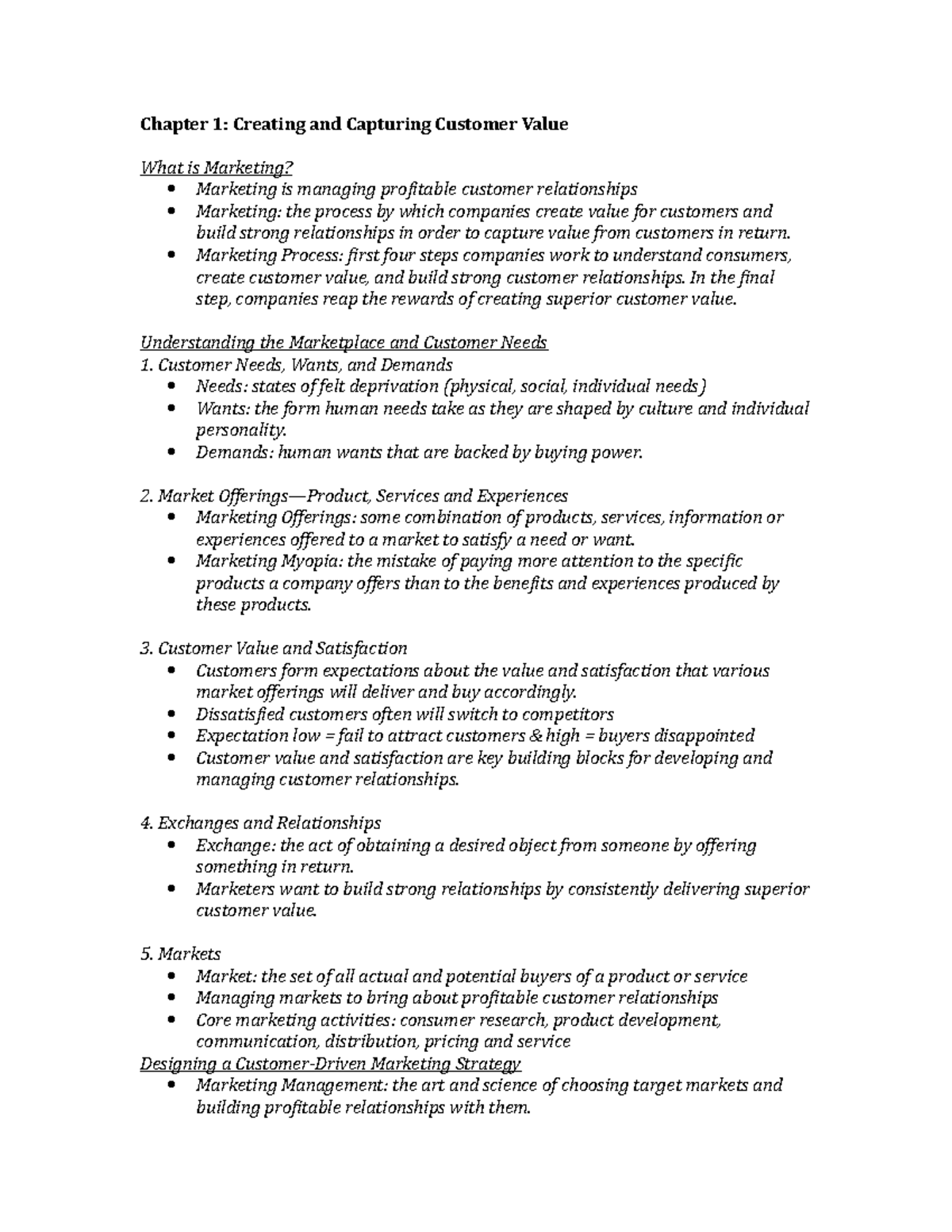 Marketing Chapter 1 - Lecture notes 1 - Chapter 1: Creating and ...