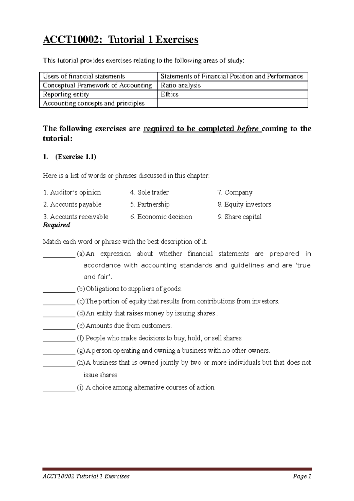 ACCT10002 Tutorial 1 Exercises, 2020 - ACCT10002: Tutorial 1 Exercises ...