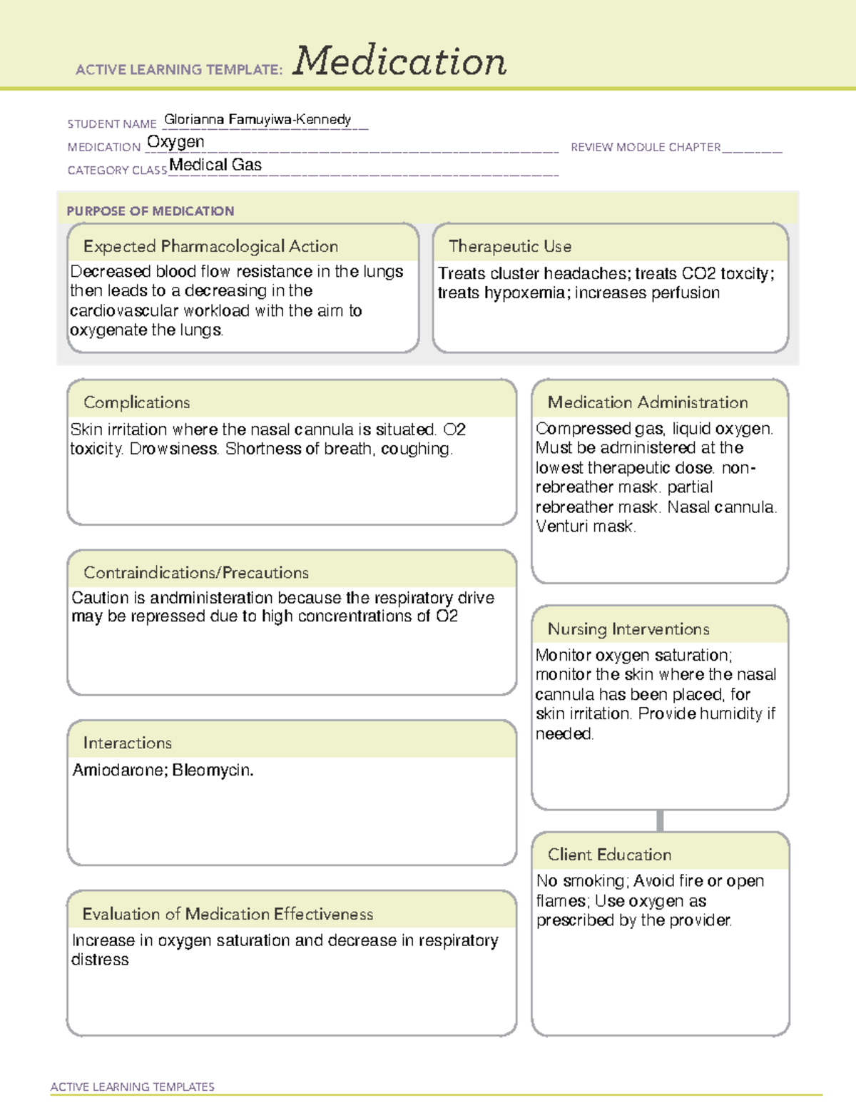 Oxygen med ATI Template ACTIVE LEARNING TEMPLATES Medication
