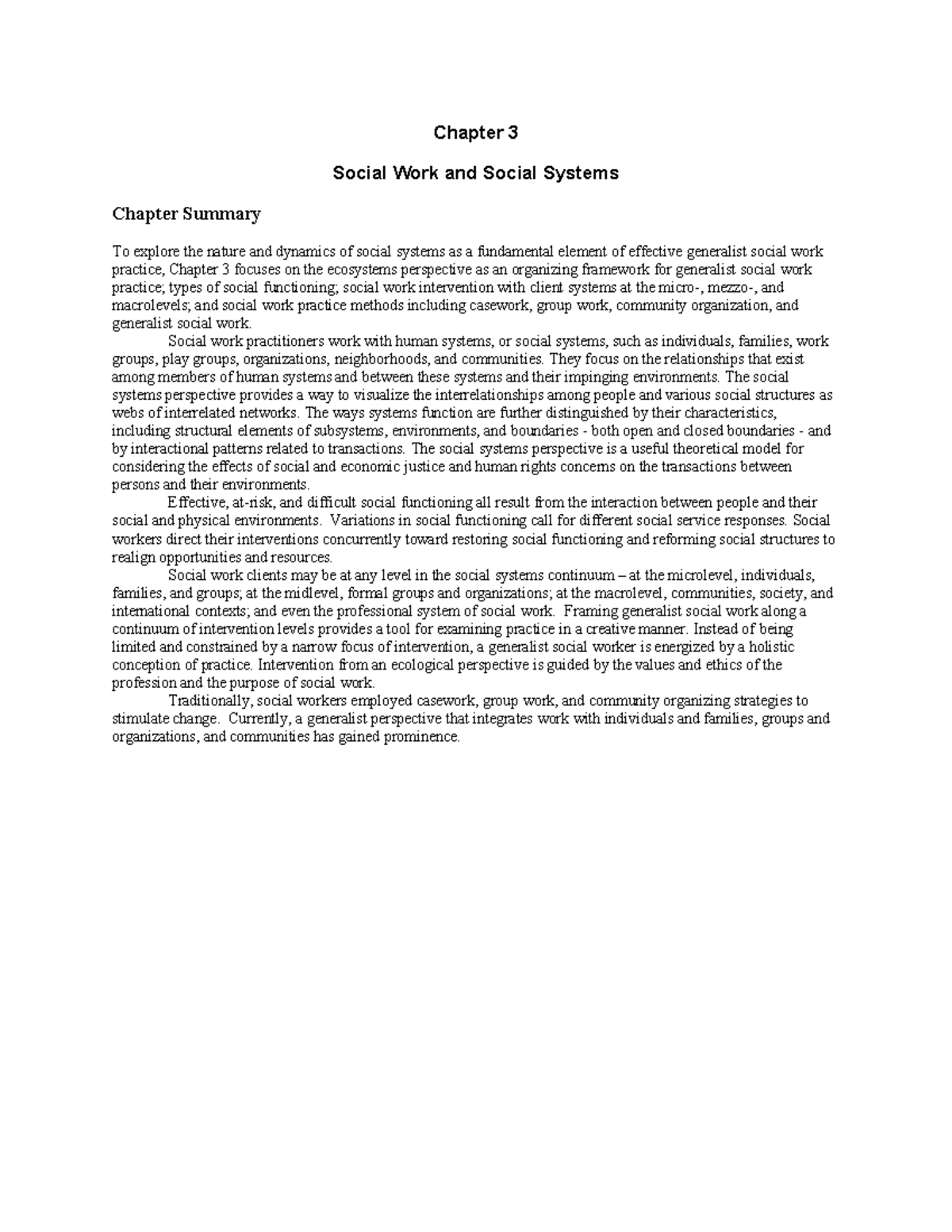 Chapter 3 summary Chapter 3 Social Work and Social Systems Chapter