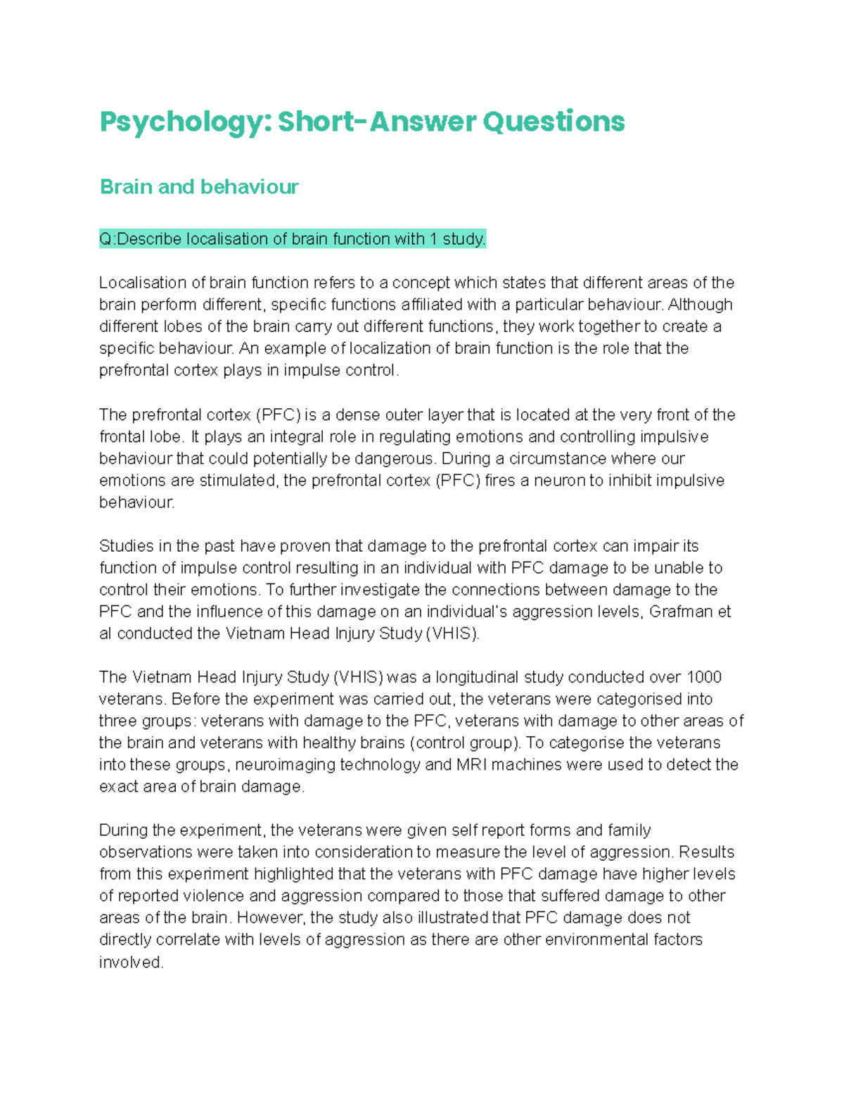IB Psychology SAQs HP1000 NTU Studocu