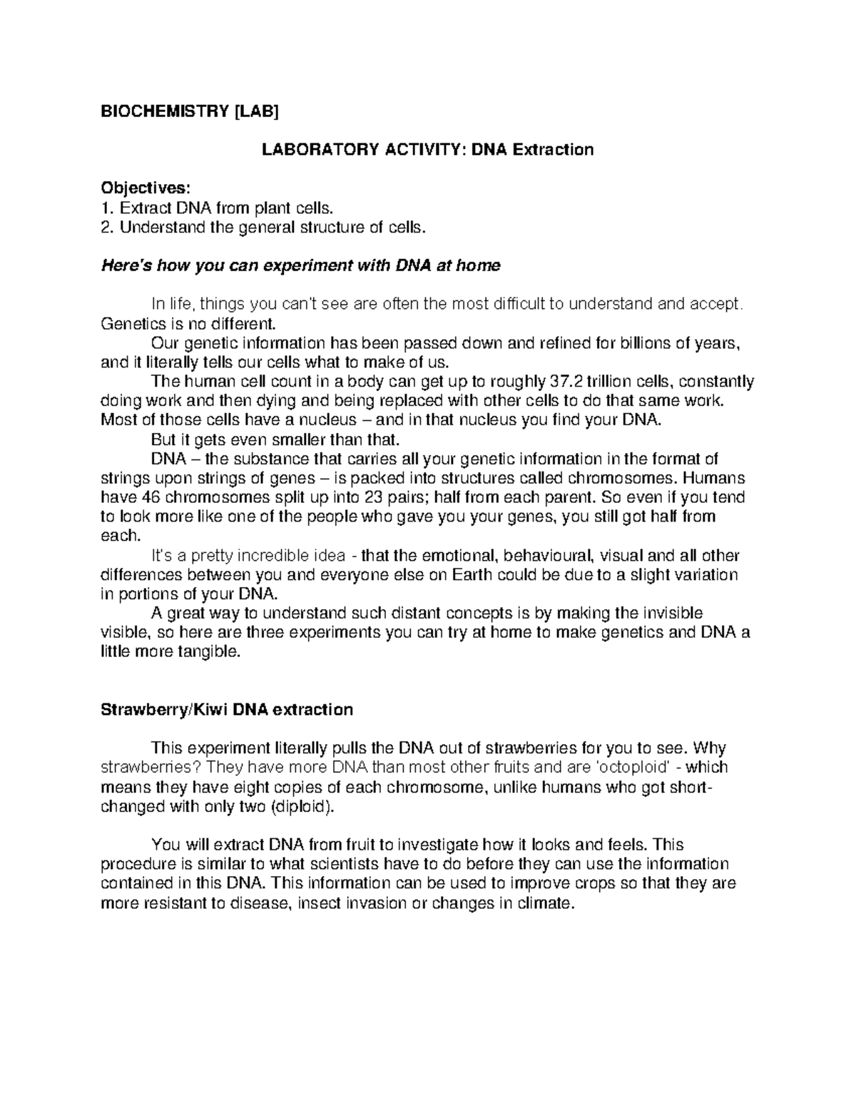 DNA Extraction experiment 1 BIOCHEMISTRY [LAB] LABORATORY ACTIVITY
