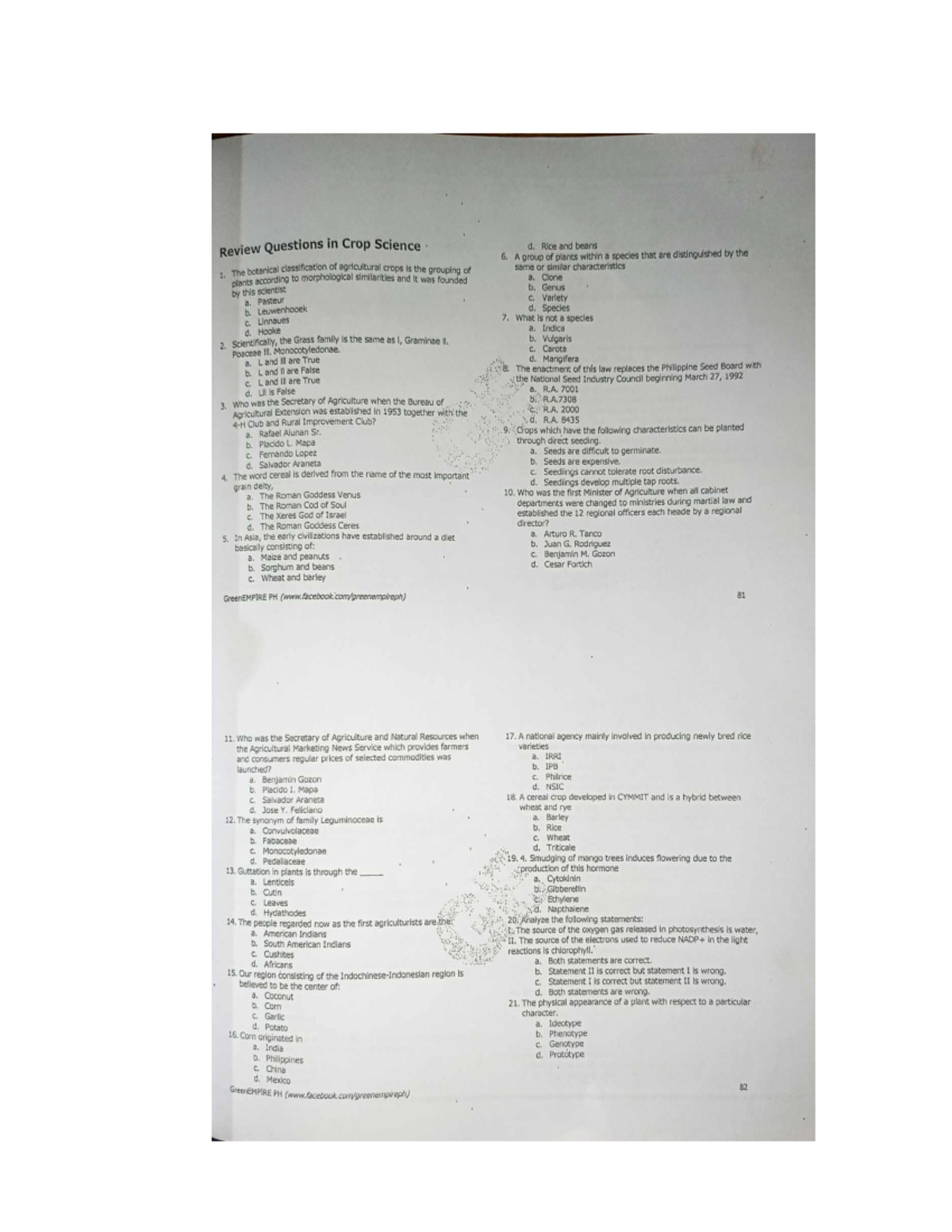 CROP SCI Questionnaire GE - Review Questions in Crop Science d. Rice ...