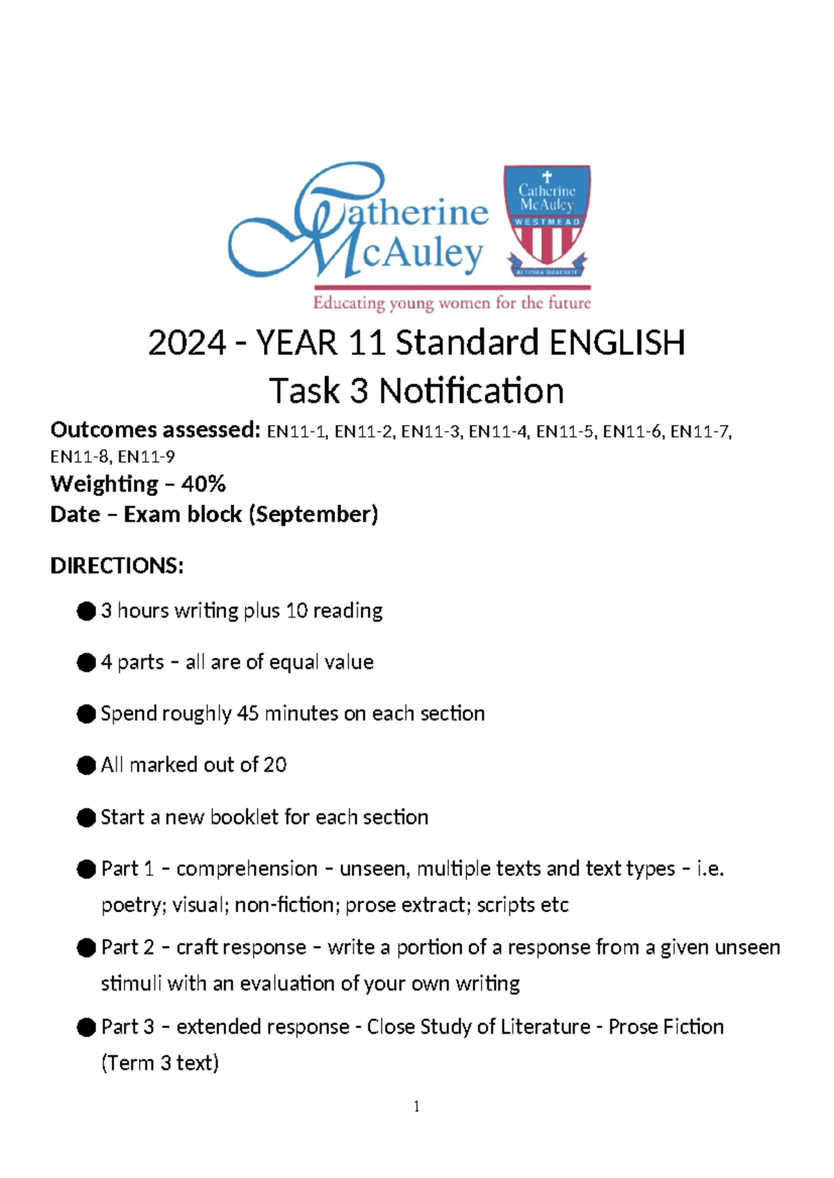 Task 3 Year 11 Standard 2024 Notification - 2024 - YEAR 11 Standard ...
