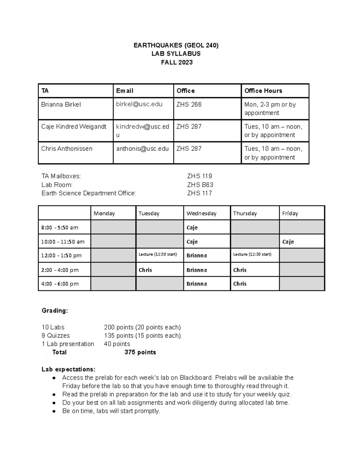 Fall 2023 GEOL240 Lab Syllabus EARTHQUAKES (GEOL 240) LAB SYLLABUS