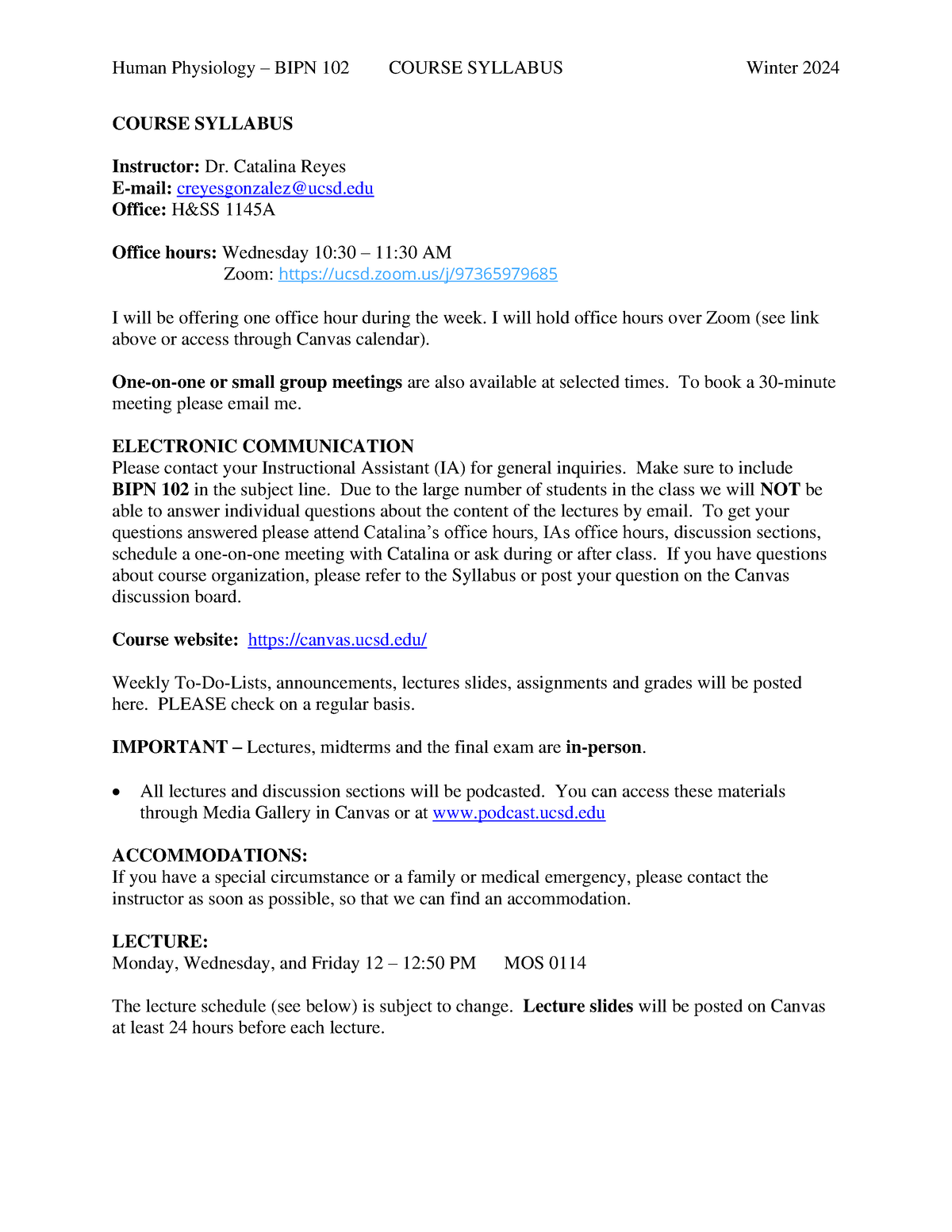 BIPN 102 Winter 2024 Syllabus and Schedule - COURSE SYLLABUS Instructor ...