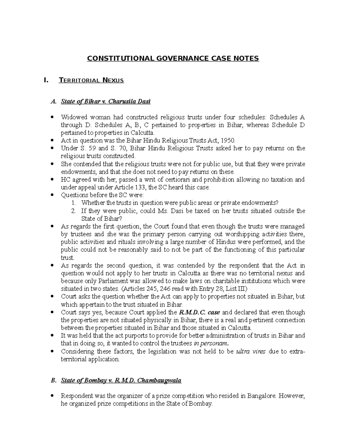 CG Cases II Sem - CONSTITUTIONAL GOVERNANCE CASE NOTES I. TERRITORIAL ...