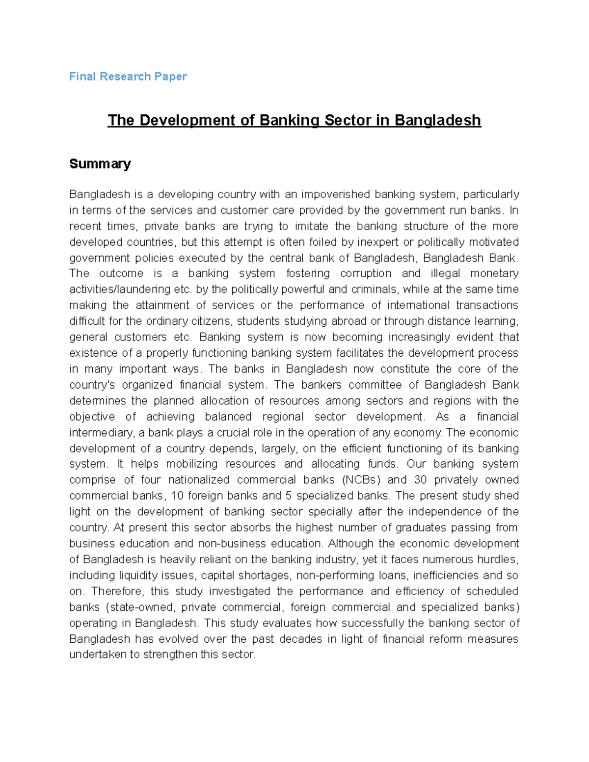 assignment on banking sector in bangladesh