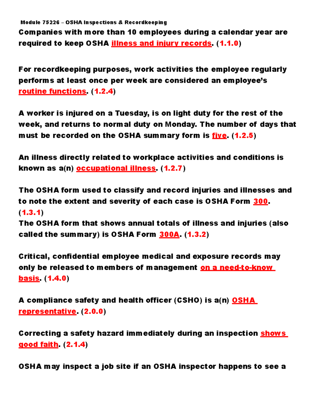 Module 75226 Key Points Module 75226 OSHA Inspections