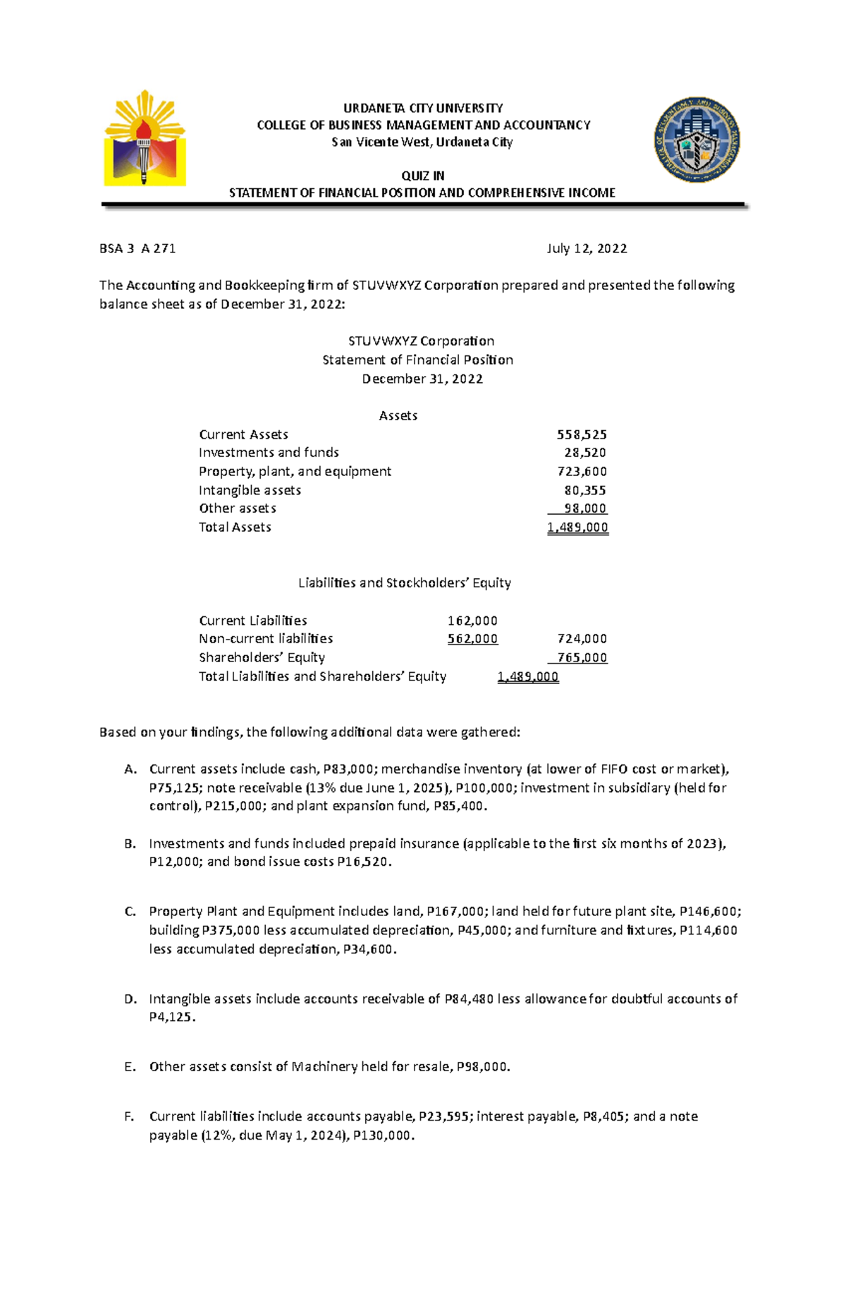 Quiz statement of financial position and comprehensive income A 271 ...