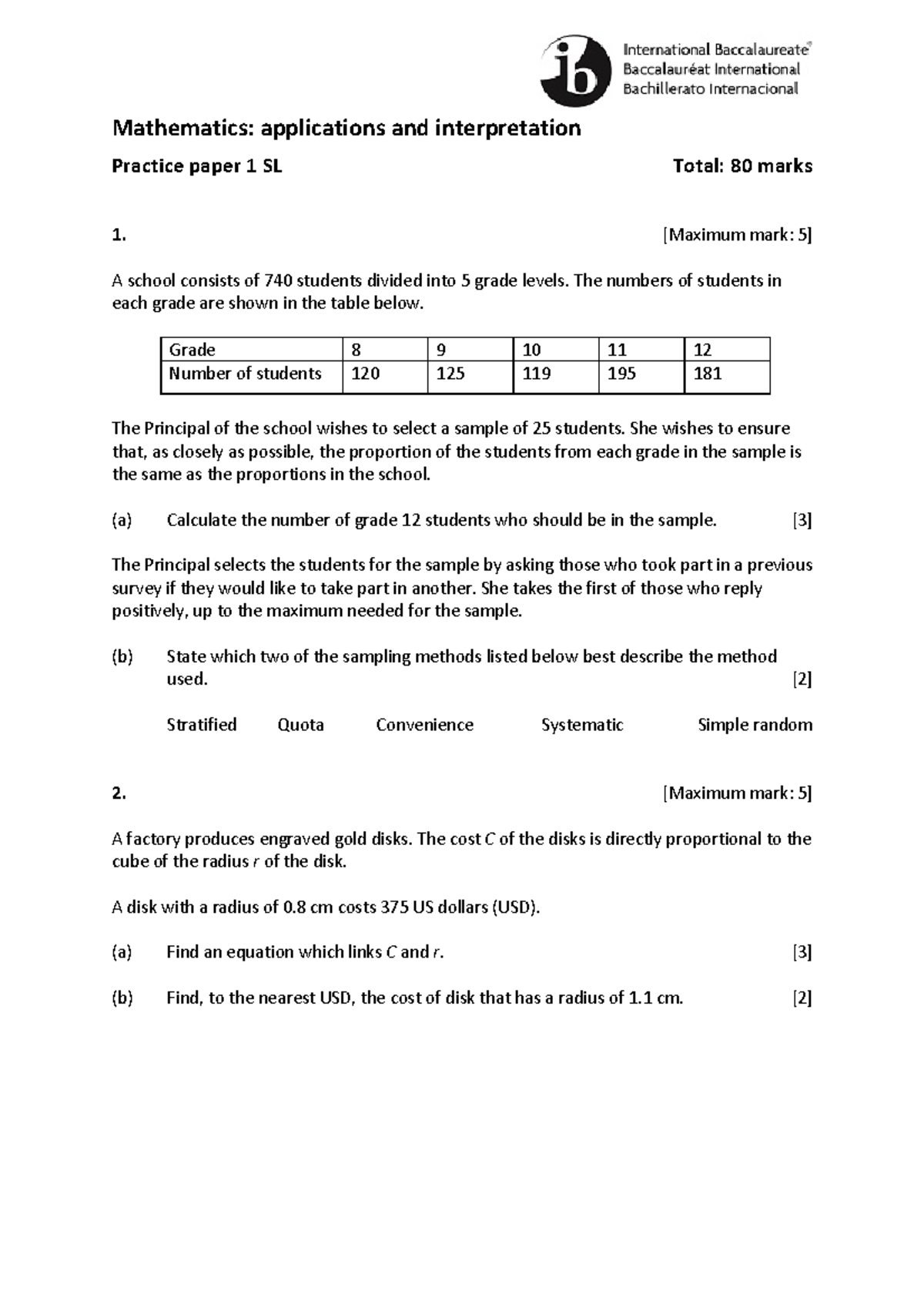 IB AI SL Practice Paper 1 - Mathematics: Applications And ...