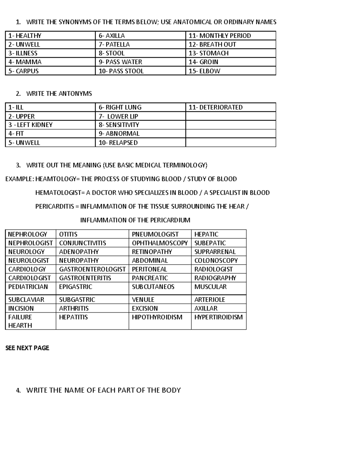 Homework extra Tarea ingles 1. WRITE THE SYNONYMS OF THE TERMS