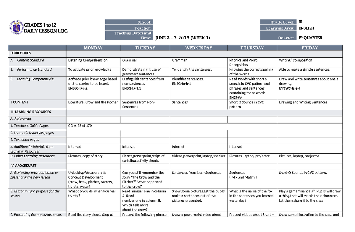 DLL English 3 Q1 W1 - NOTE - GRADES 1 to 12 DAILY LESSON LOG School ...