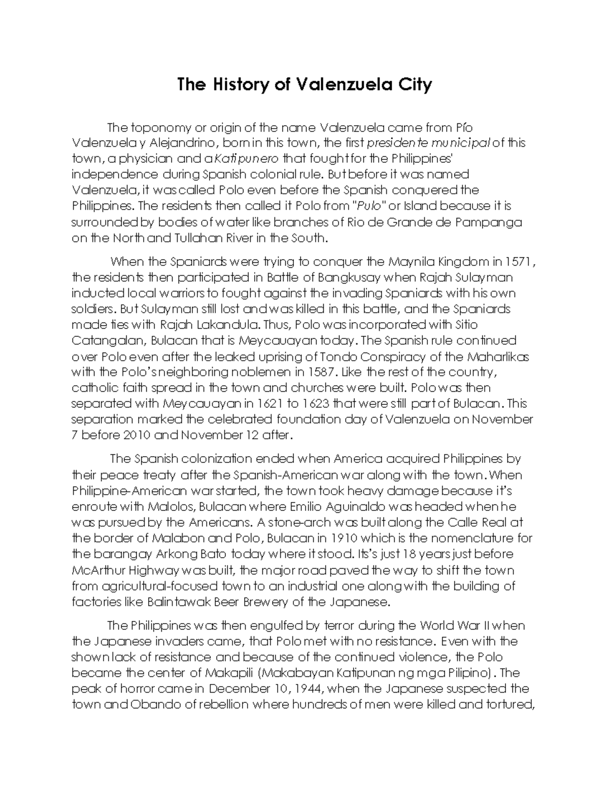 RPH History of Valenzuela City The History of Valenzuela City The