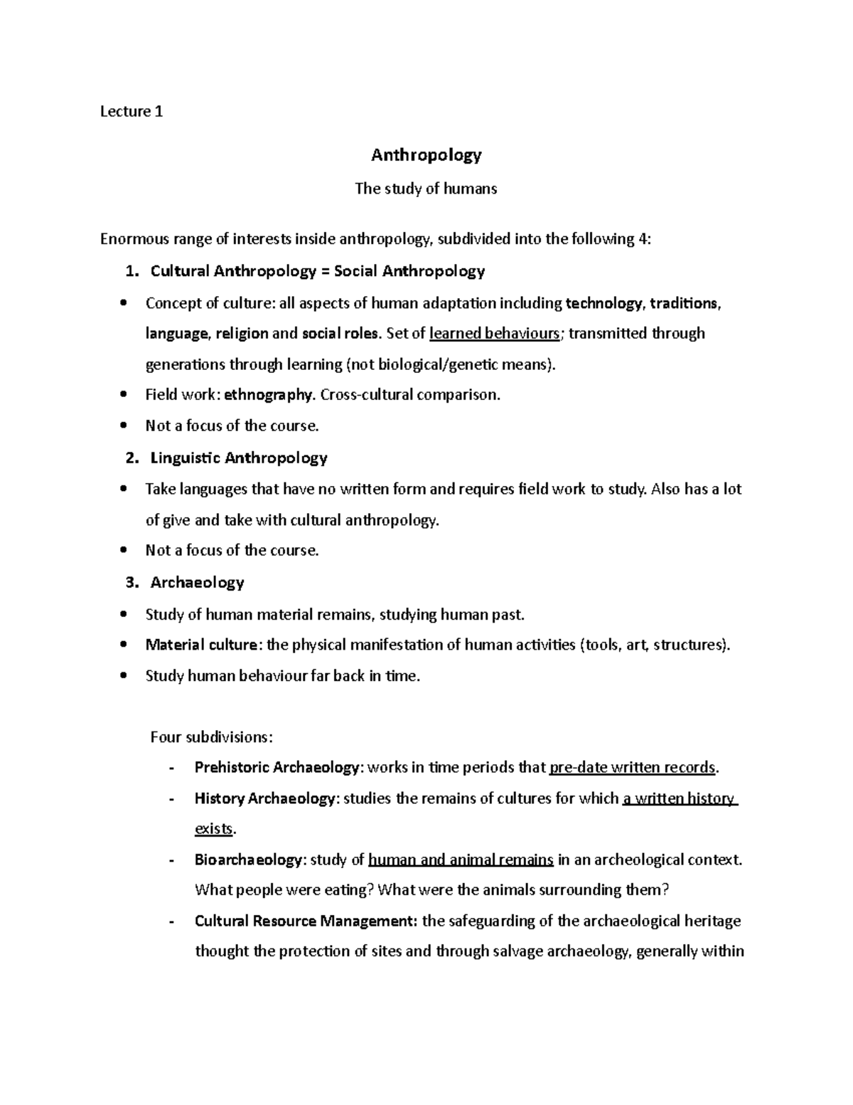 ANTA01 - Lecture One Notes - Lecture 1 Anthropology The Study Of Humans ...