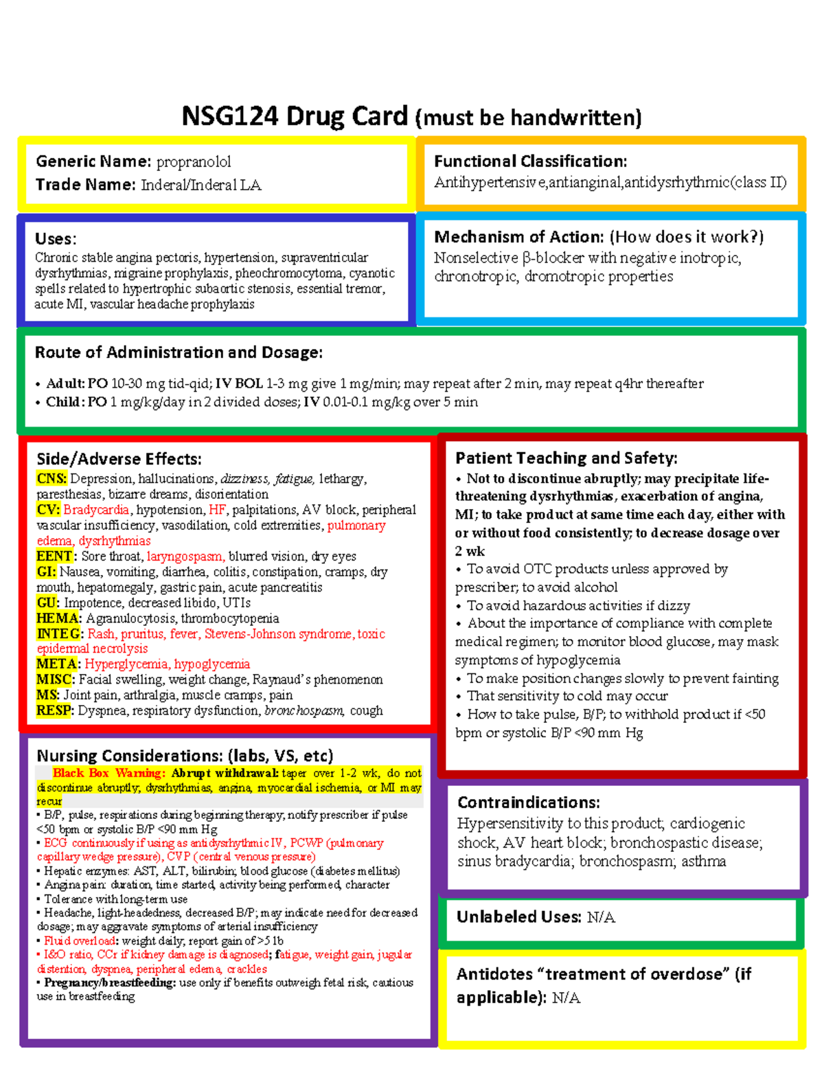 Propranolol drug card - drug card - NSG124 Drug Card (must be ...