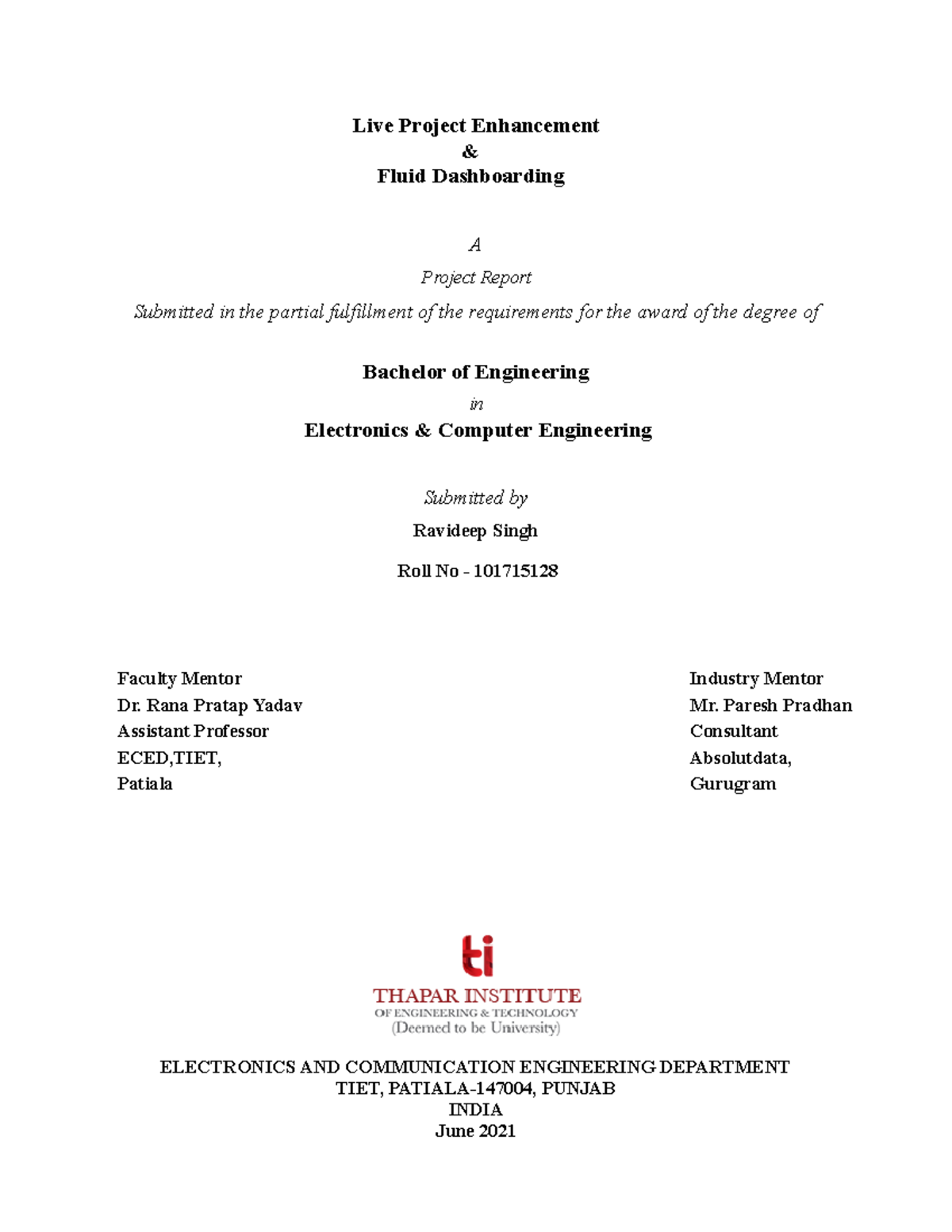 Internship Report Live Project Enhancement Fluid Dashboarding A