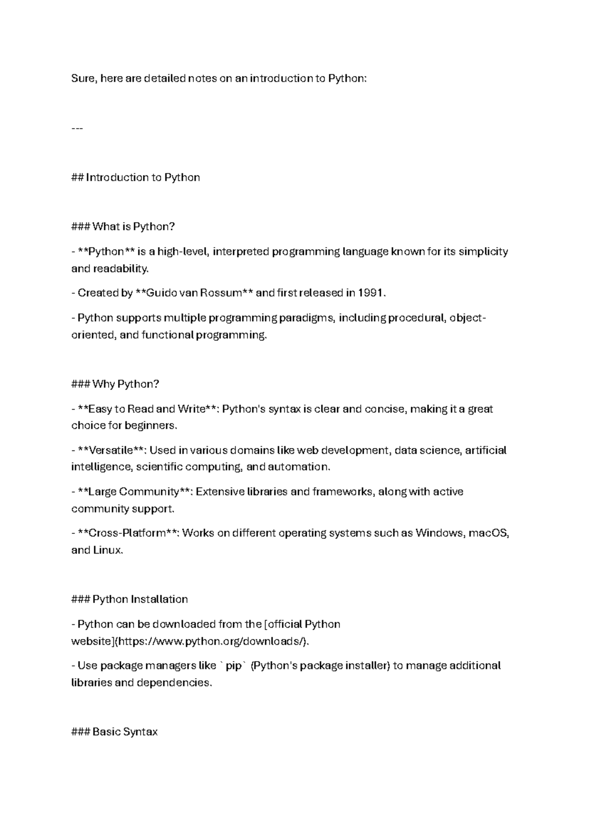 Python - Sure, here are detailed notes on an introduction to Python ...